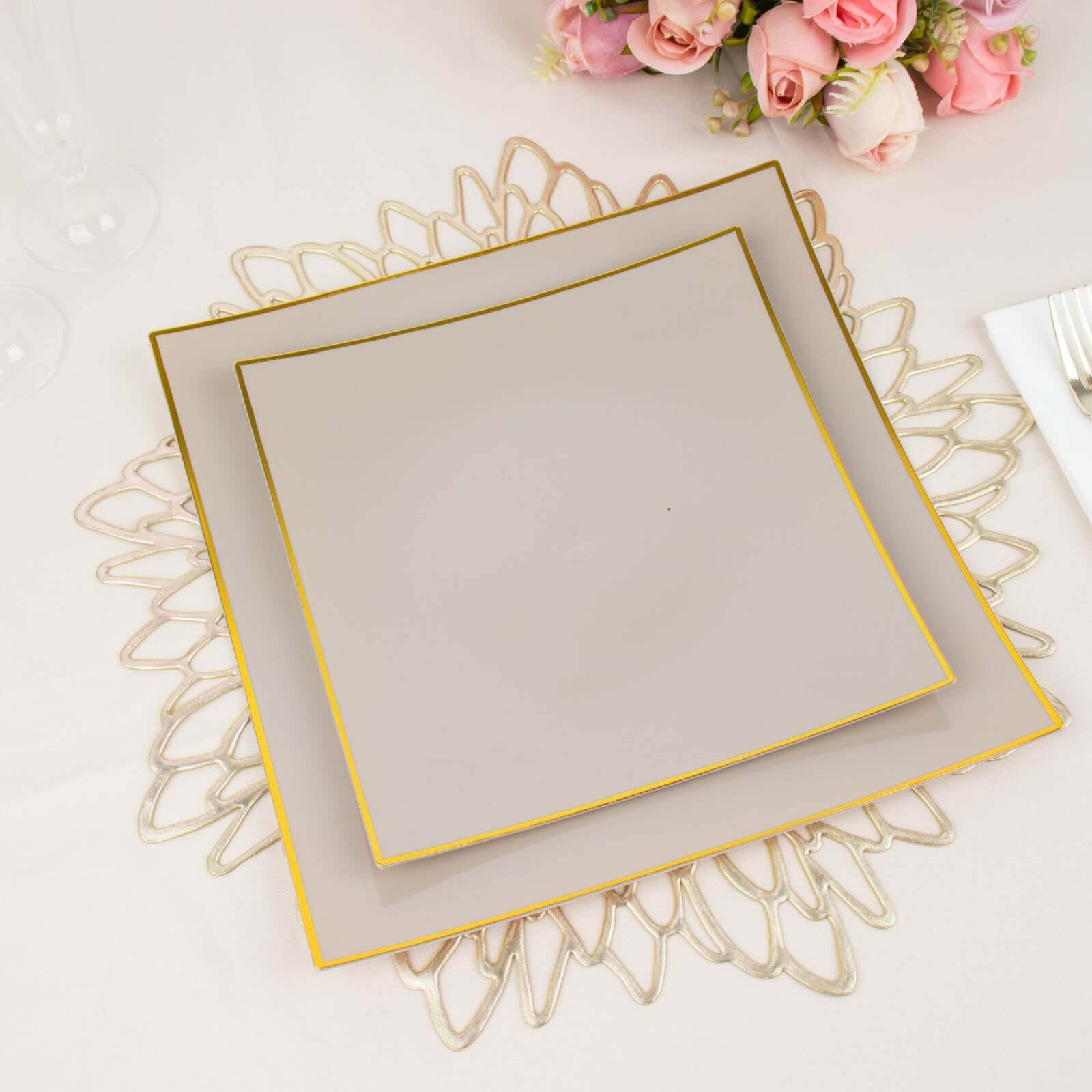 10-Pack Disposable Taupe Plastic Square Dessert Plates with Gold Rim - Ideal for Parties
