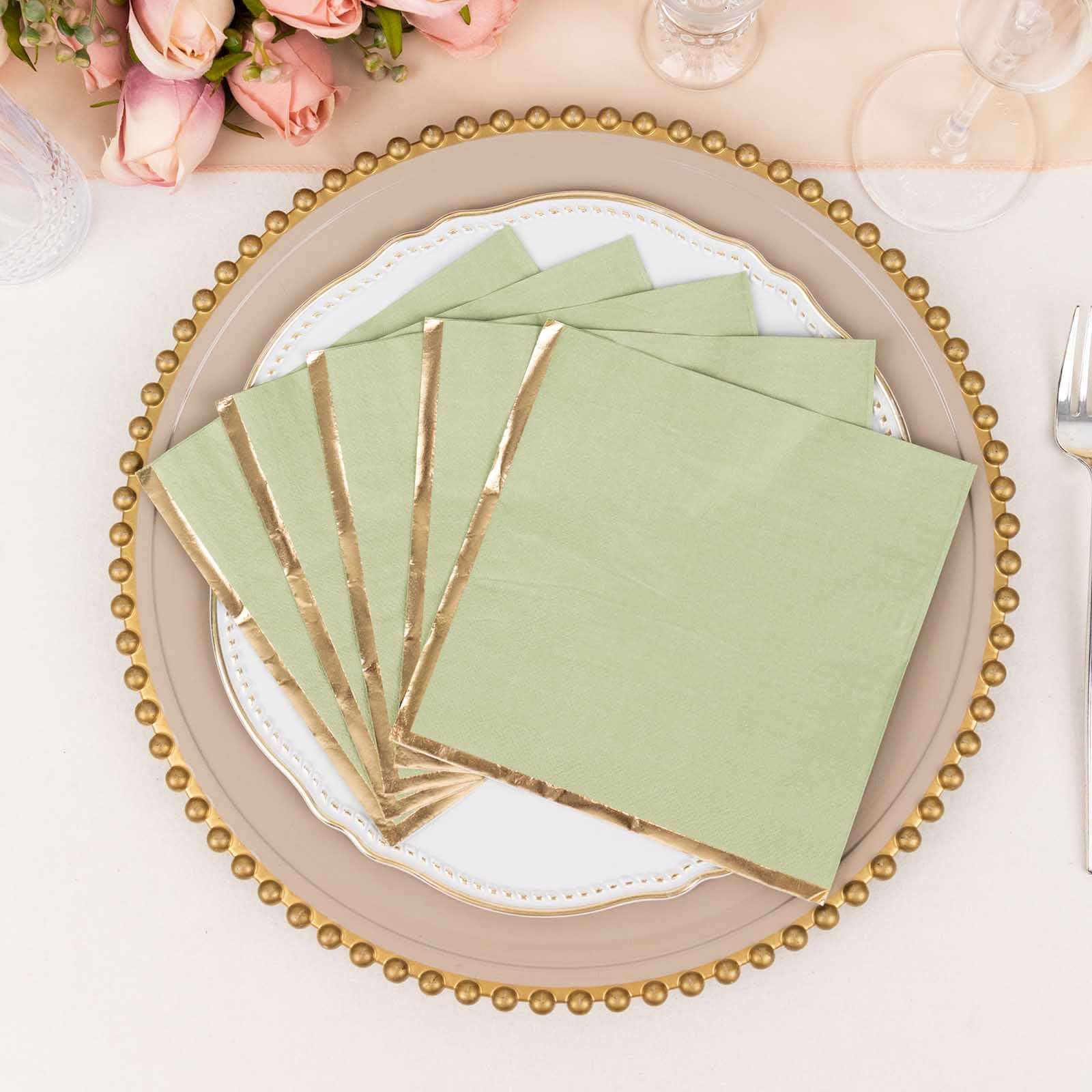 50-Pack Disposable 2-Ply Sage Green Paper Beverage Napkins with Gold Foil Edge - Ideal for Events