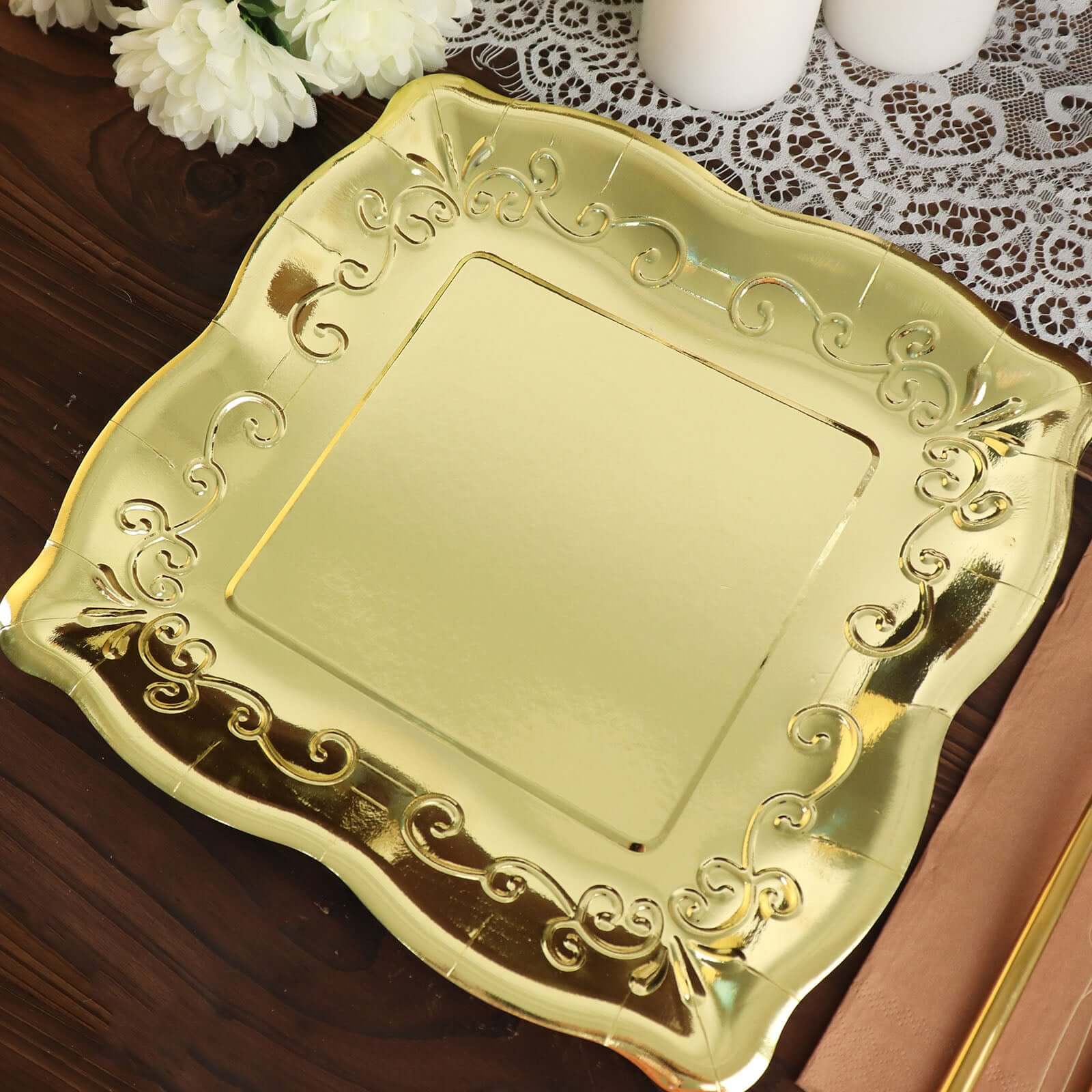 25-Pack Disposable Gold Square Dinner Plates with Vintage Pottery Embossed Design for Glamorous Events
