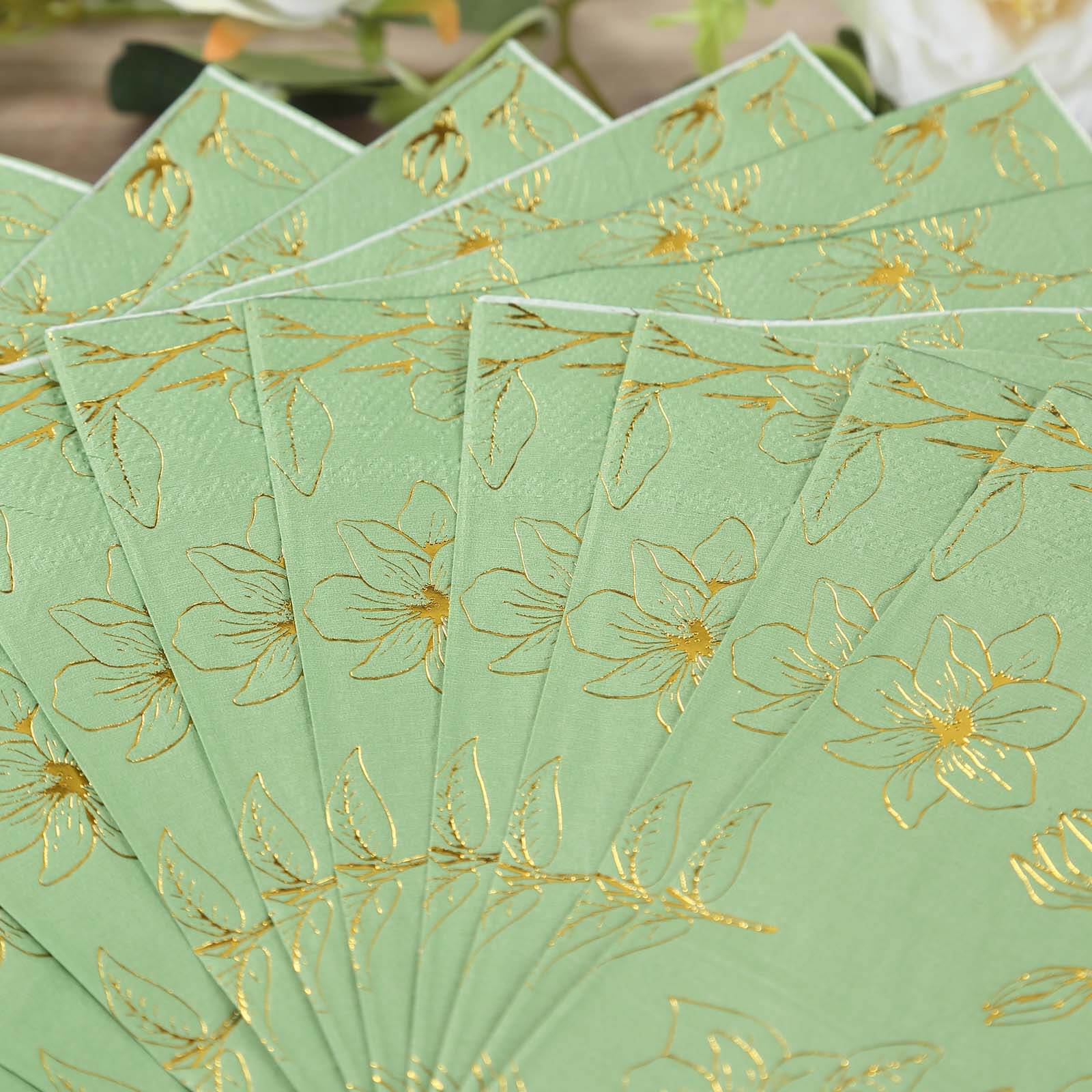 50-Pack Premium 2-Ply Absorbent Soft Paper Cocktail Napkins with Gold Magnolia Print in Sage Green