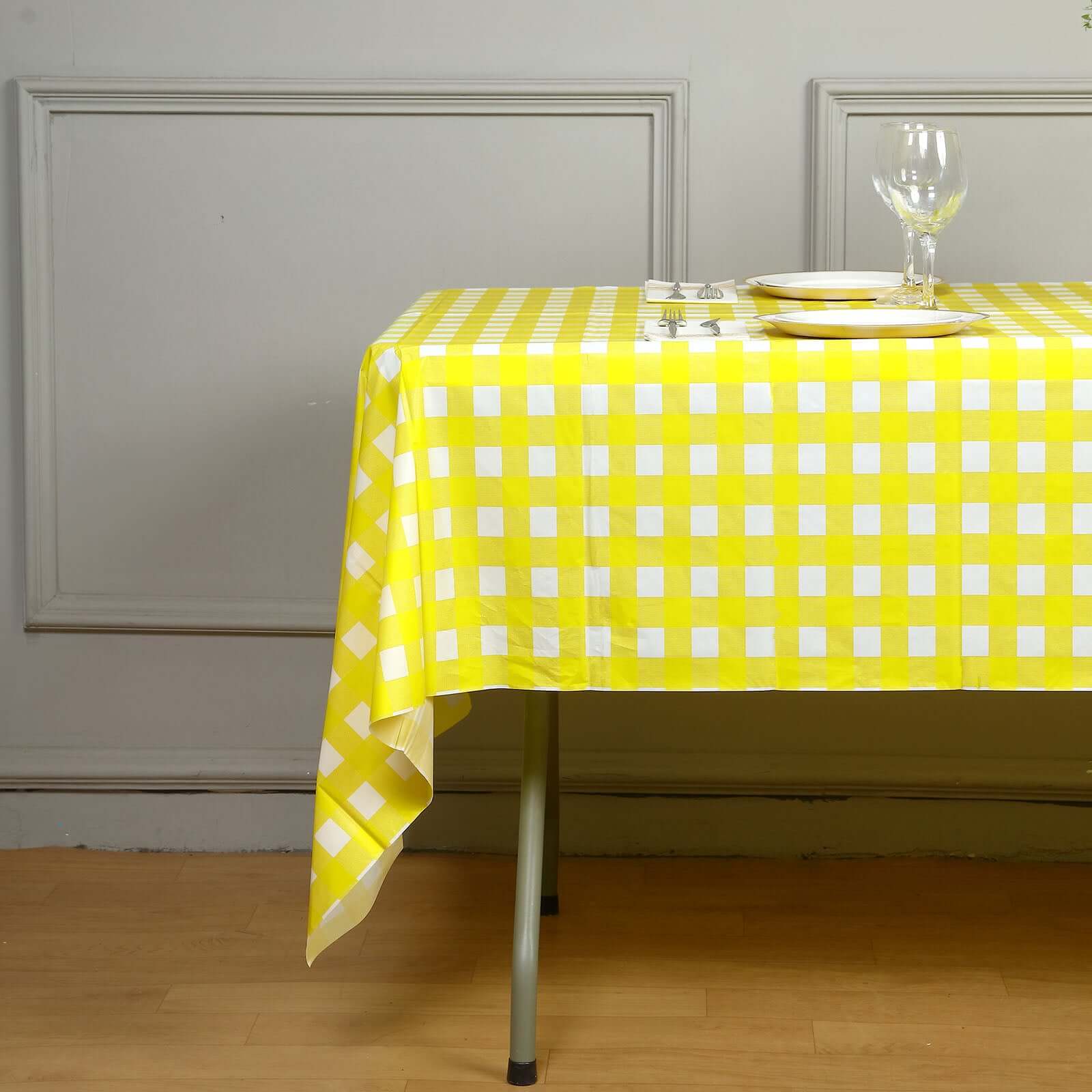Lightweight PVC Disposable Checkered Plastic Table Cover - White/Yellow Rectangle, 54x108