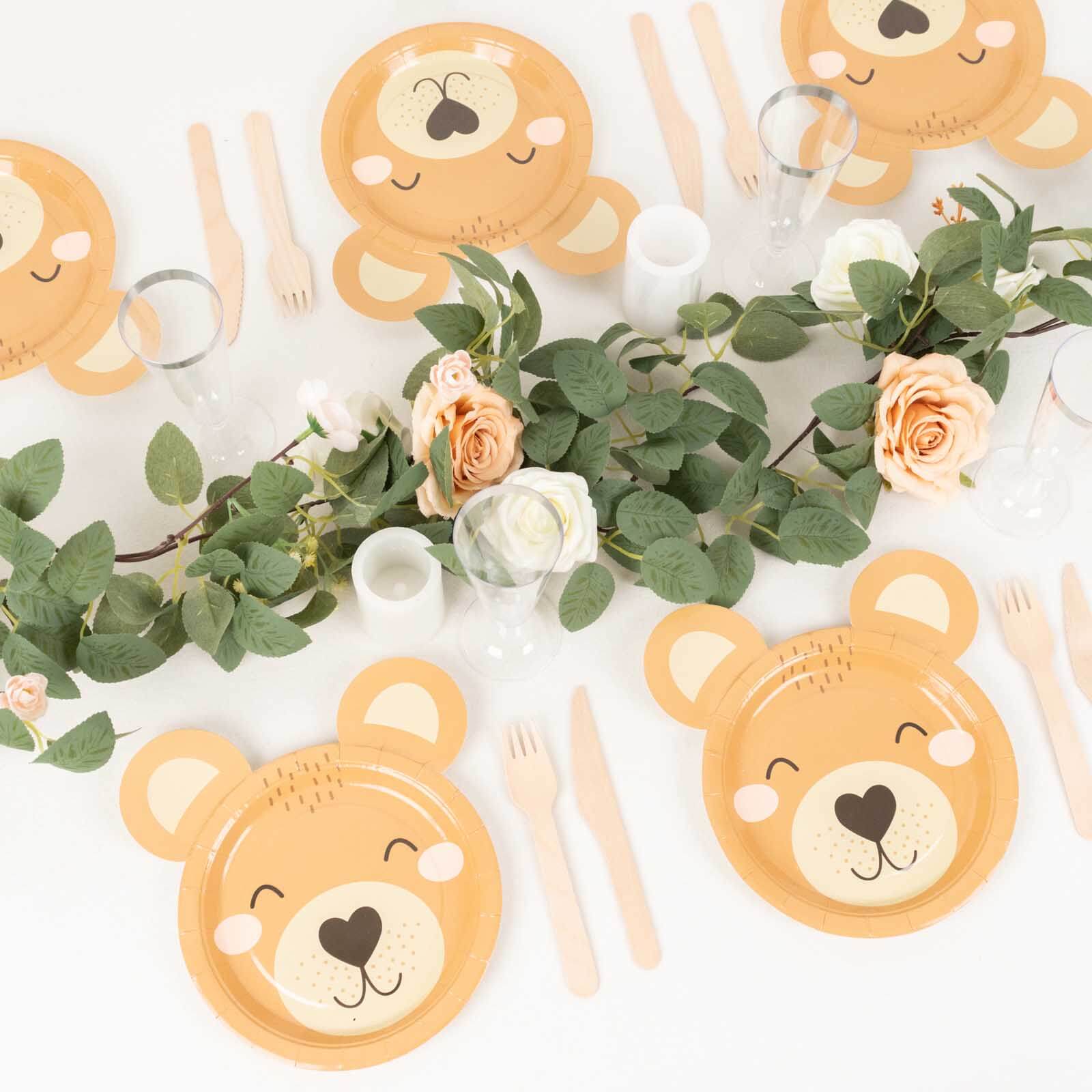 25-Pack Disposable 300GSM Brown Round Paper Plates with Cute Teddy Bear Print for Party