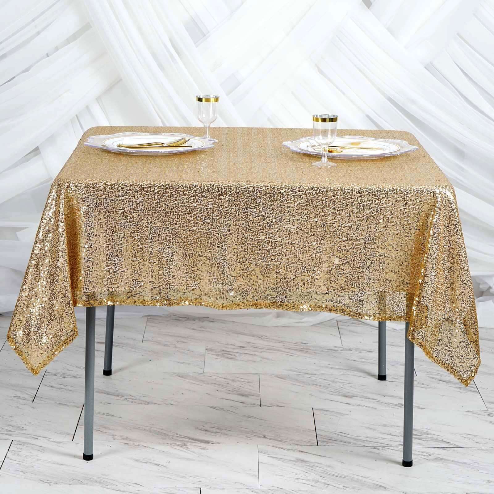 Luxe Gold Sequin Square Table Overlay 60x60 - Perfect for Weddings and Events