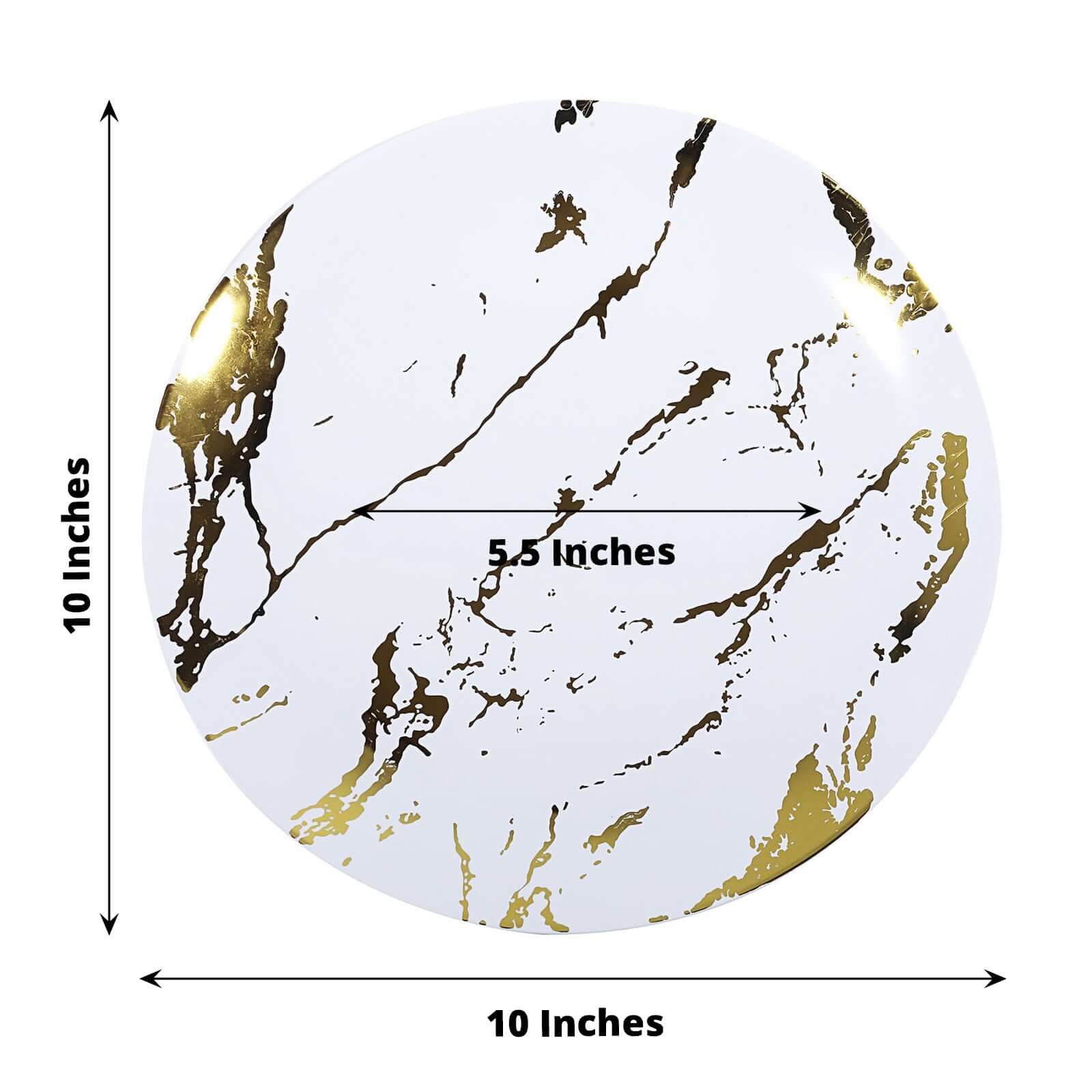 10-Piece Set of White Plastic Round Dinner Plates with Gold Marble Print for Elegant Parties