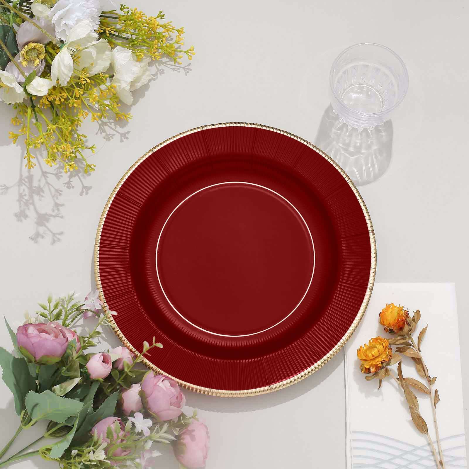 25-Pack Disposable Heavy Duty 350GSM Paper Round Dinner Plates in Burgundy Sunray Design with Gold Rim - Perfect for Parties