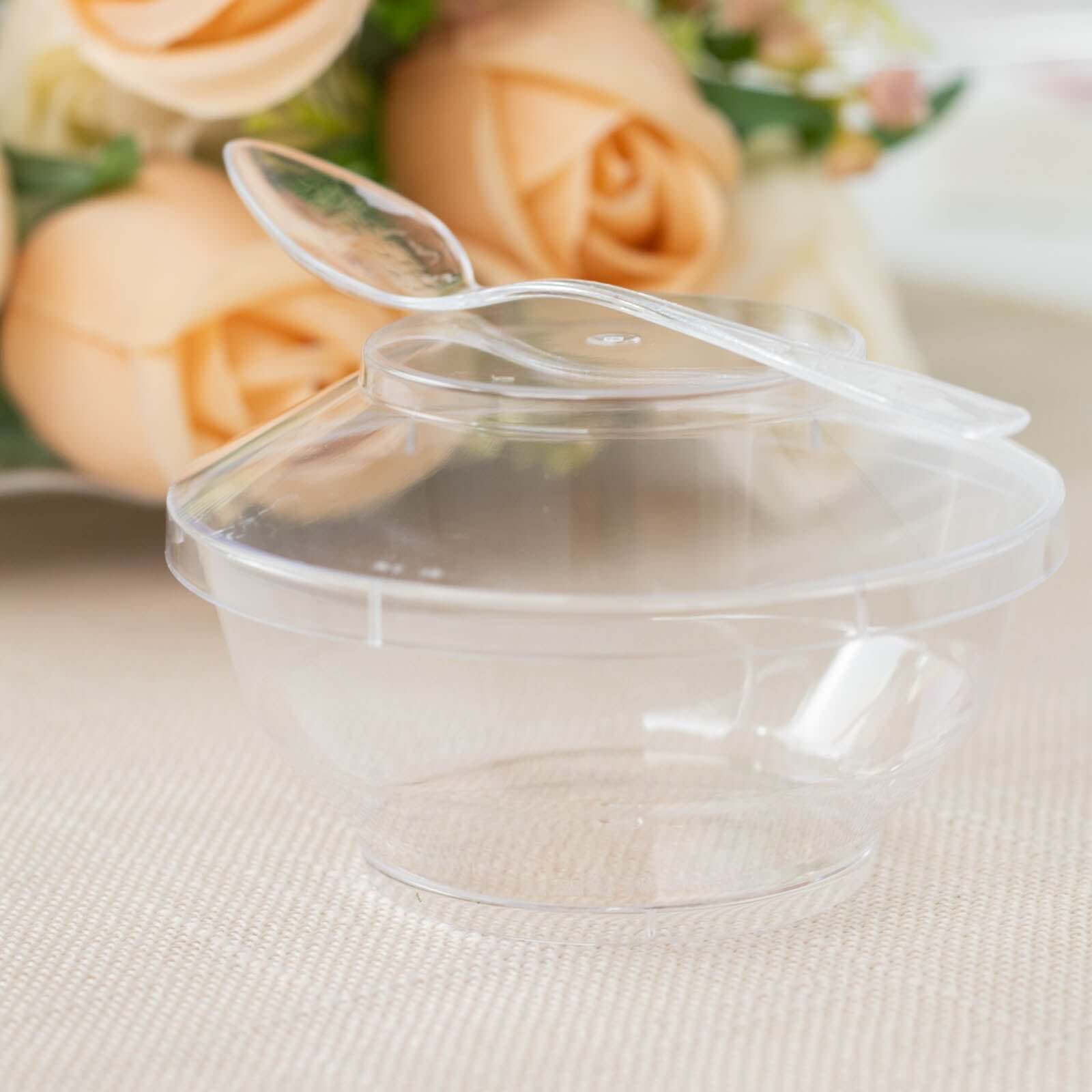 24-Piece Clear Plastic Mini Party Bowl Set with Lid and Spoon - 3.5oz Ideal for Desserts