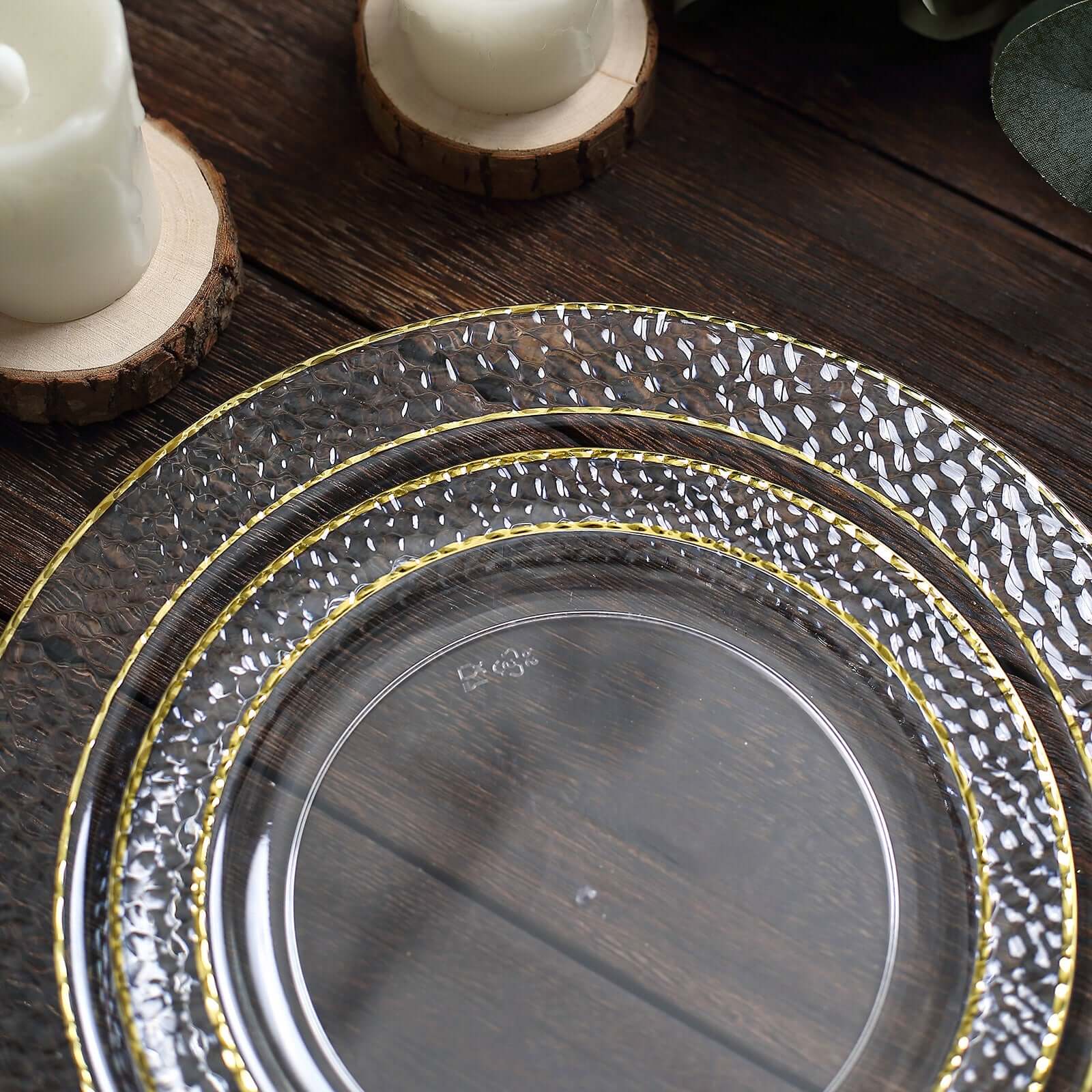 10-Piece Set of Disposable Clear Plastic Appetizer Plates with Hammered Design and Gold Rim for Special Events