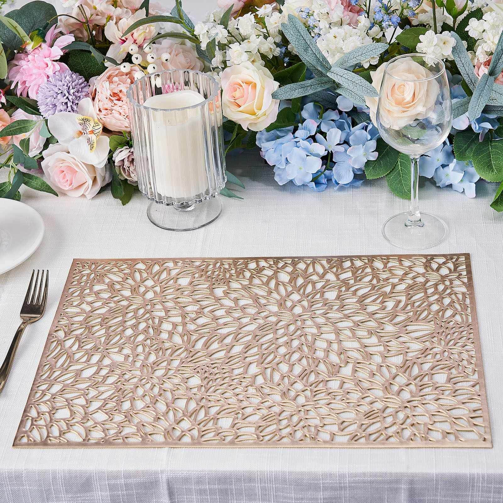 6-Pack Gold Metallic Floral Vinyl Placemats - Non-Slip 12x18 Rectangle Table Mats