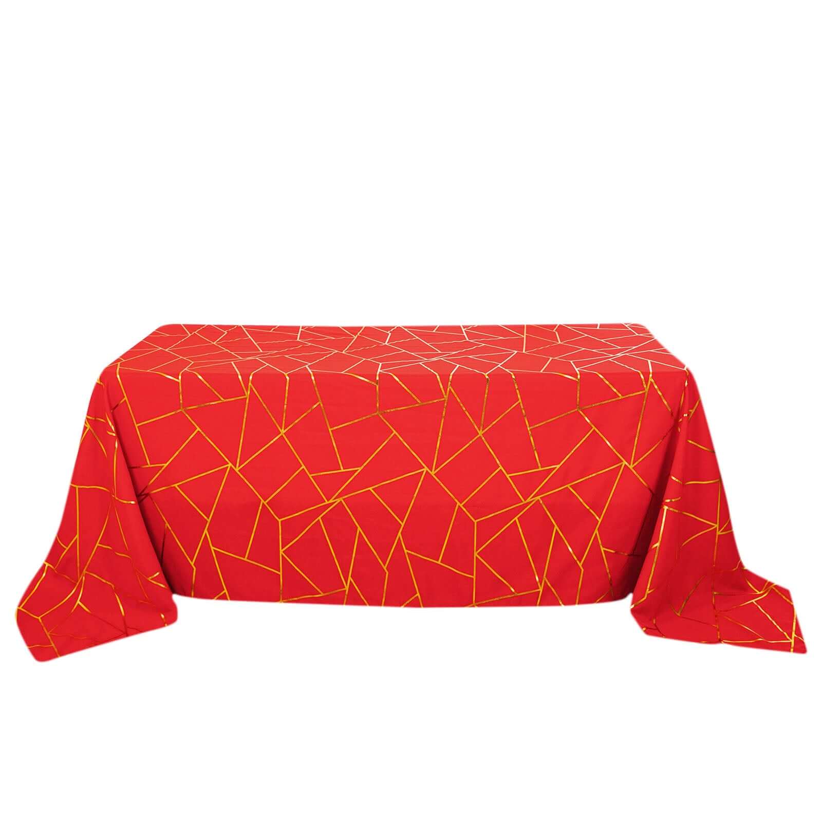Hot! Red Seamless Polyester Tablecloth with Gold Foil Geometric Pattern, Wrinkle-Resistant (90x132)