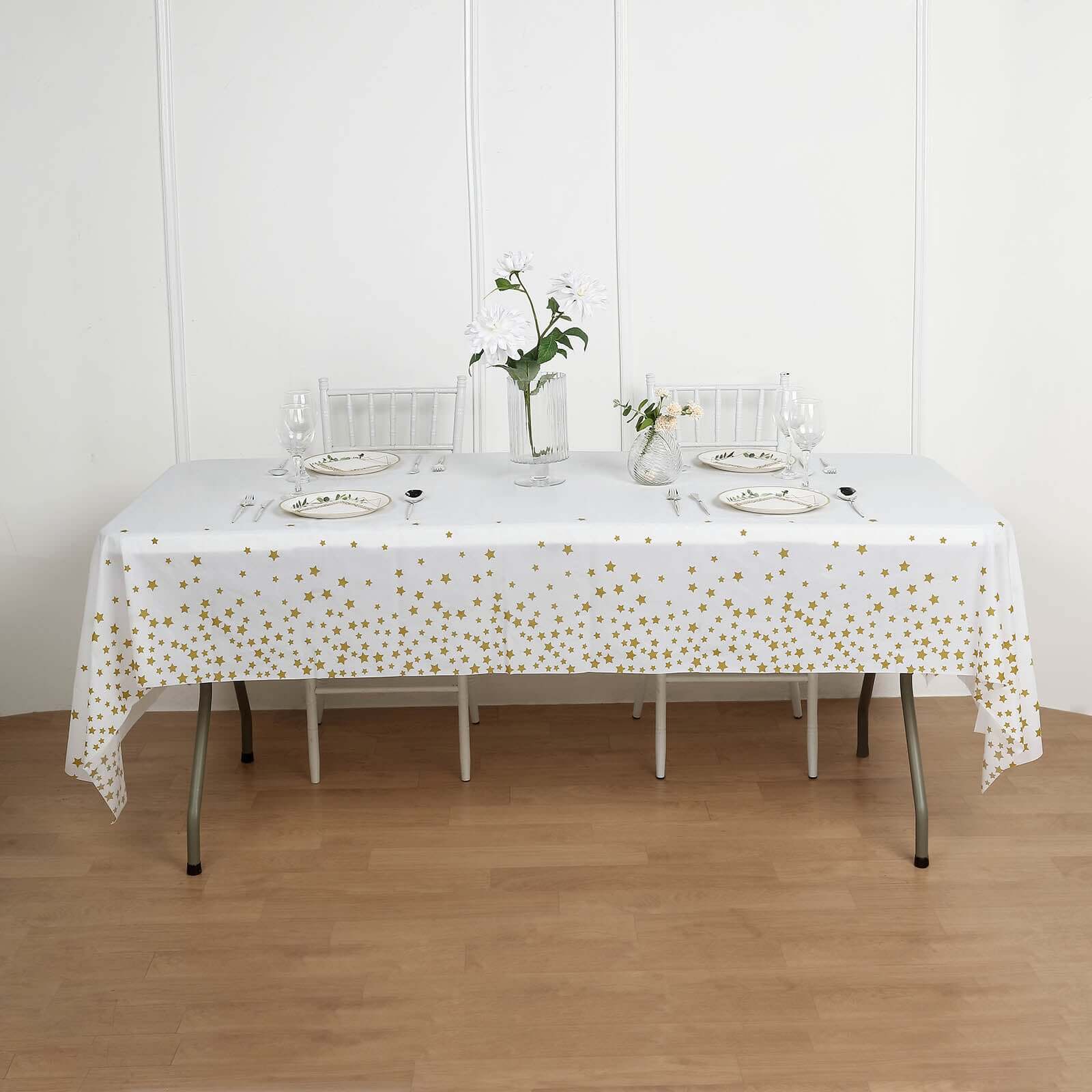 5-Pack Disposable White PVC Table Covers with Gold Stars, 54x108 Rectangle