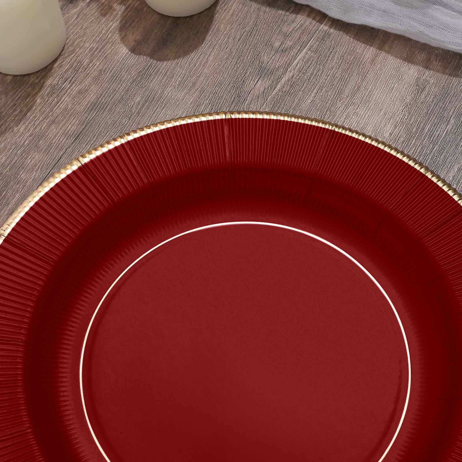 25-Pack Disposable Heavy Duty 350GSM Paper Round Dinner Plates in Burgundy Sunray Design with Gold Rim - Perfect for Parties