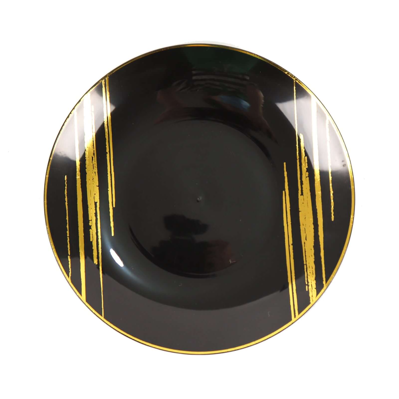 10-Piece Set of Disposable Black Plastic Dessert Plates with Gold Brush Print for Modern Events