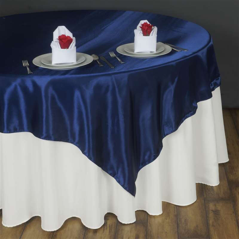 Navy Blue Satin 90x90 Square Table Overlay - Smooth Finish Table Topper for Special Occasions