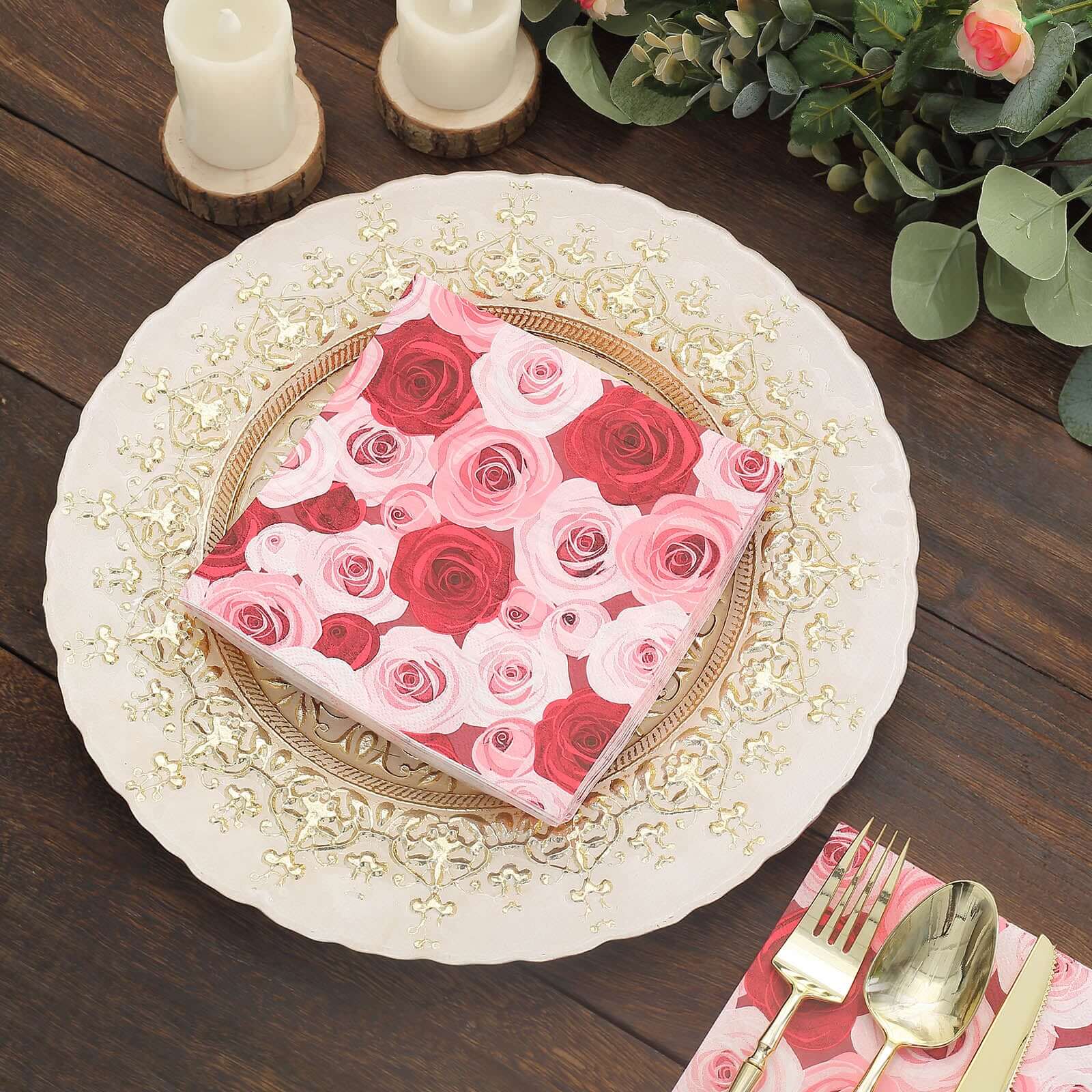 50-Pack 2-Ply Soft 18GSM Red/Pink Floral Design Paper Beverage Napkins for Weddings