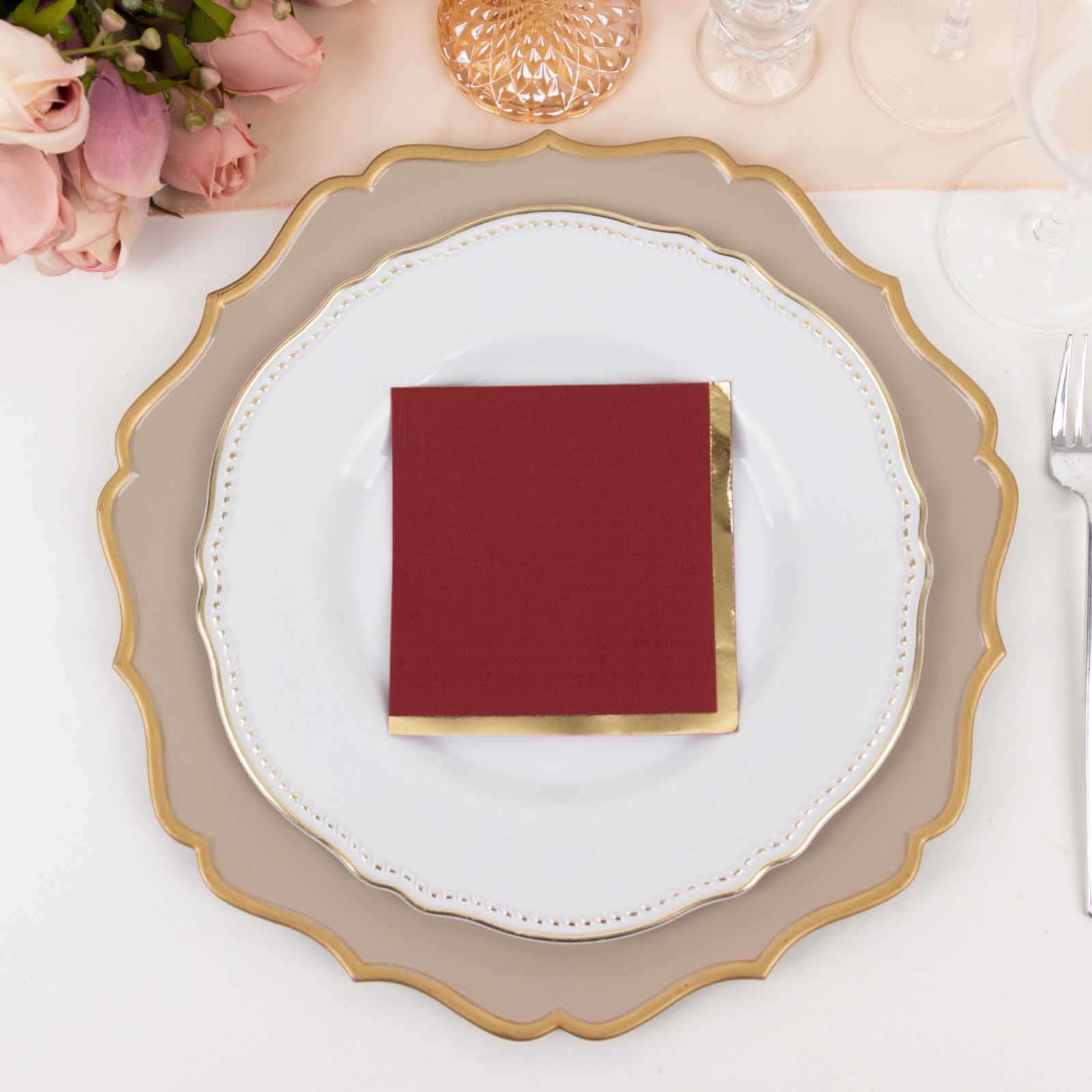 Hot! 50-Pack 2-Ply Disposable Burgundy Cocktail Napkins with Gold Foil Edge, 18GSM