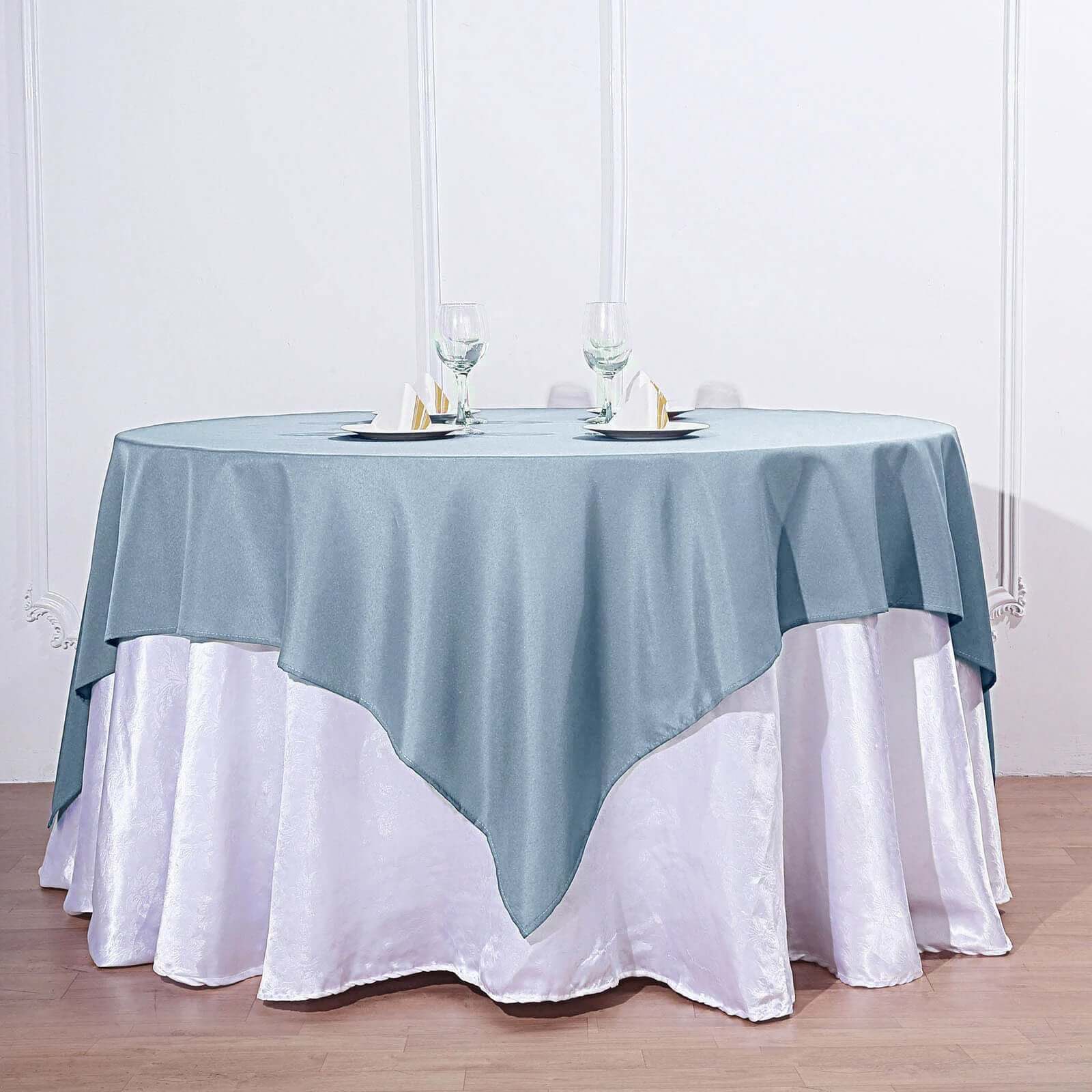 Wrinkle-Resistant & Durable 70x70 Dusty Blue Polyester Square Table Overlay