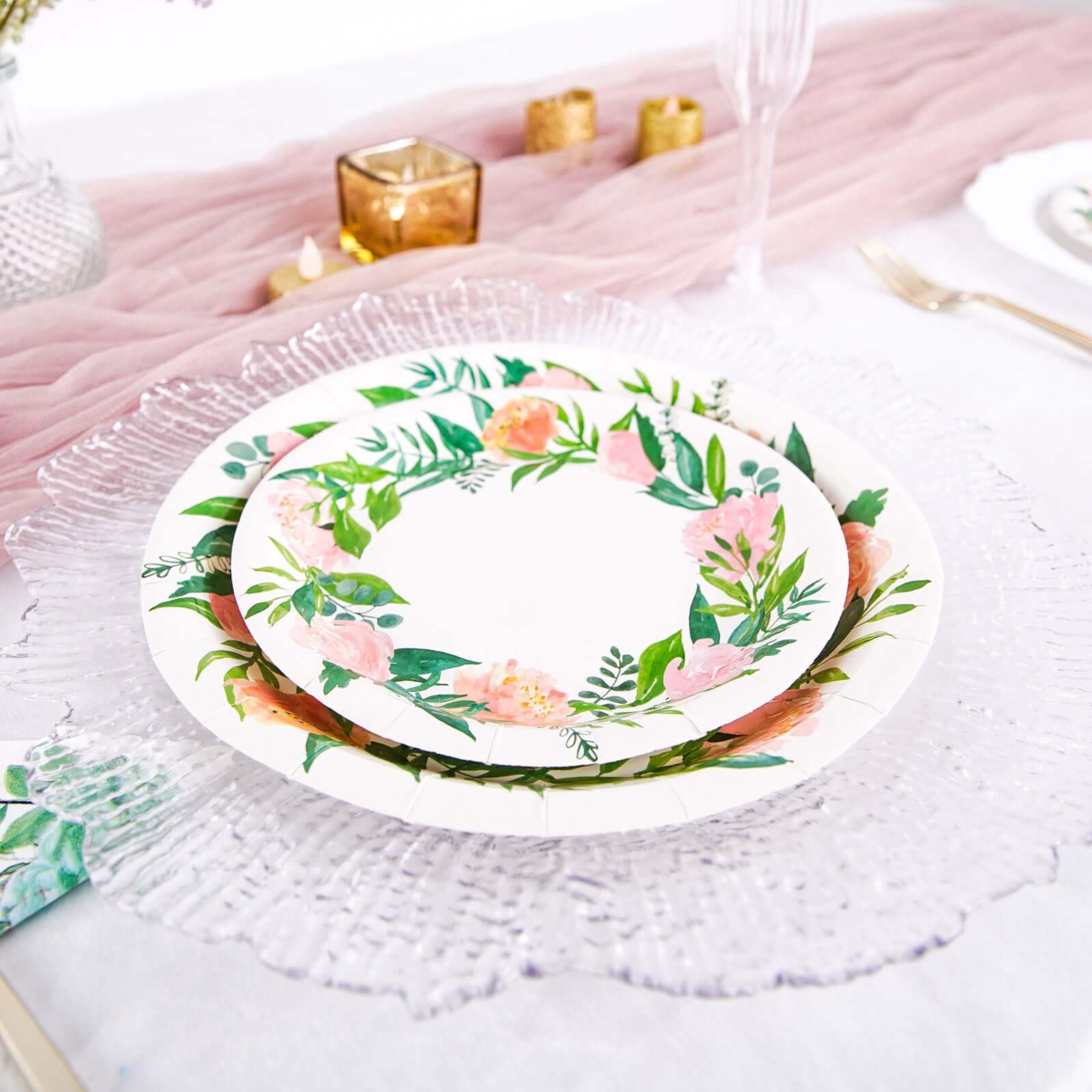 Hot Deal! 25-Pack 7" White Disposable Dessert Plates with Rose/Peony Wreath for Special Events