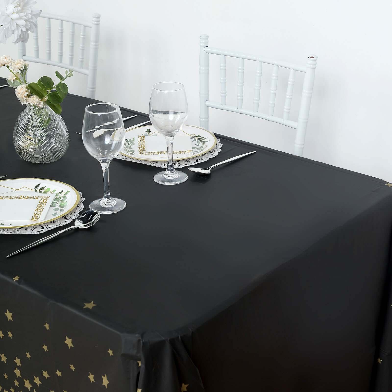 5-Pack Premium Disposable PVC Table Covers: Black Rectangle with Gold Stars, 54x108