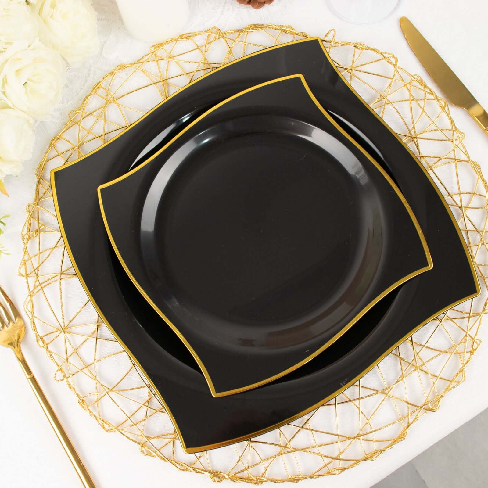 Get 10-Pack Disposable Black Plastic Square Dinner Plates with Gold Wavy Rim for Modern Parties