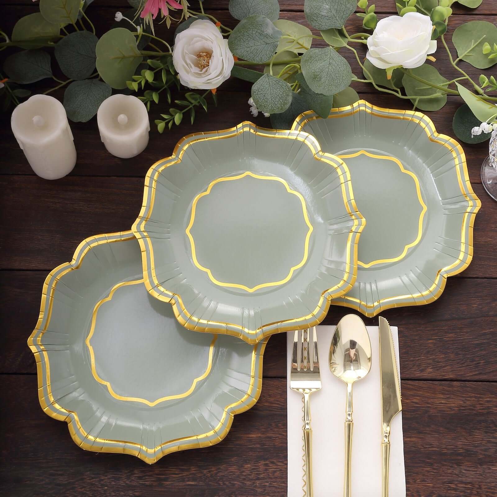 25-Piece Disposable 300GSM Sage Green Paper Dessert Plates with Gold Scalloped Edge, 8 Inches