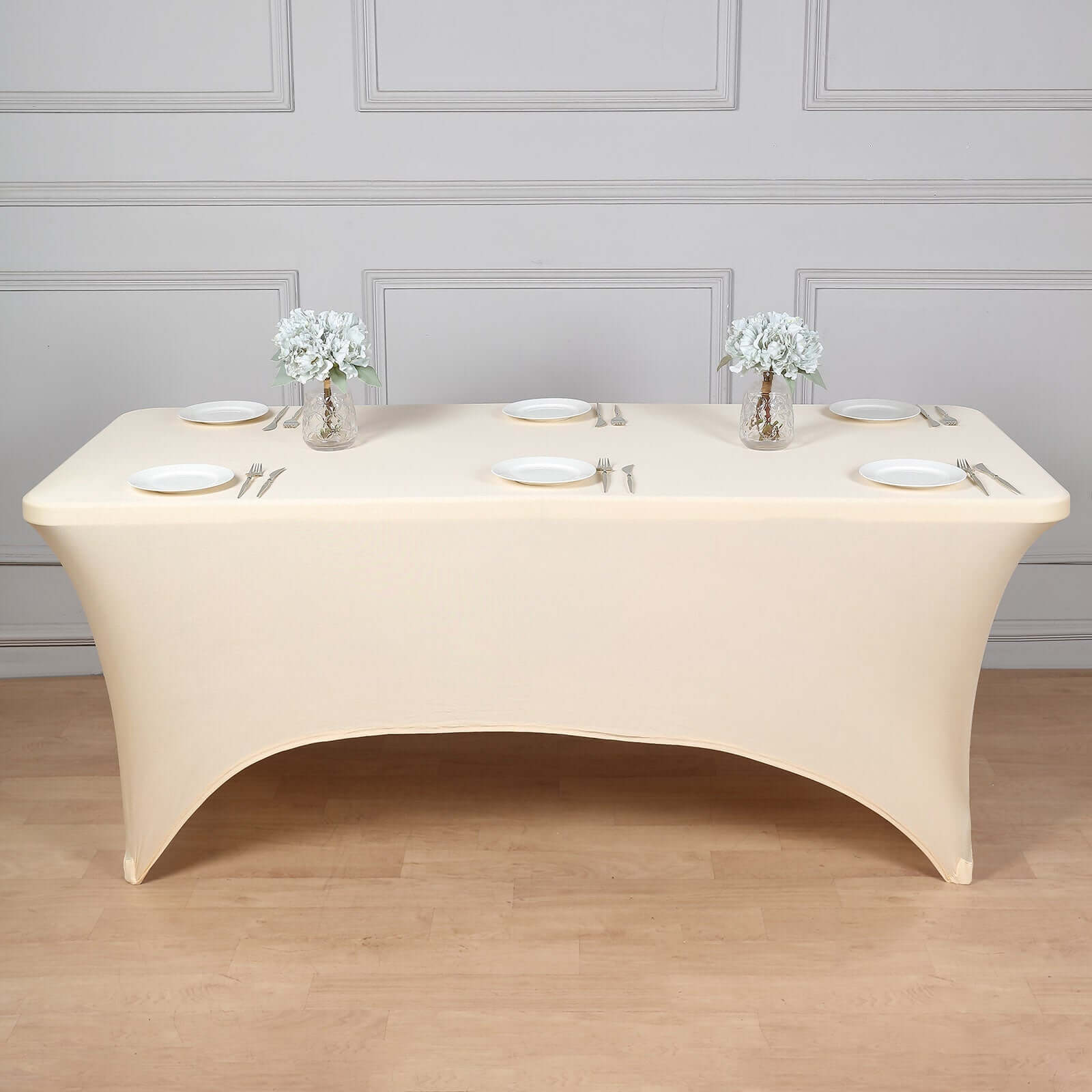 Durable Beige Stretch Spandex 6ft Rectangle Tablecloth for Events