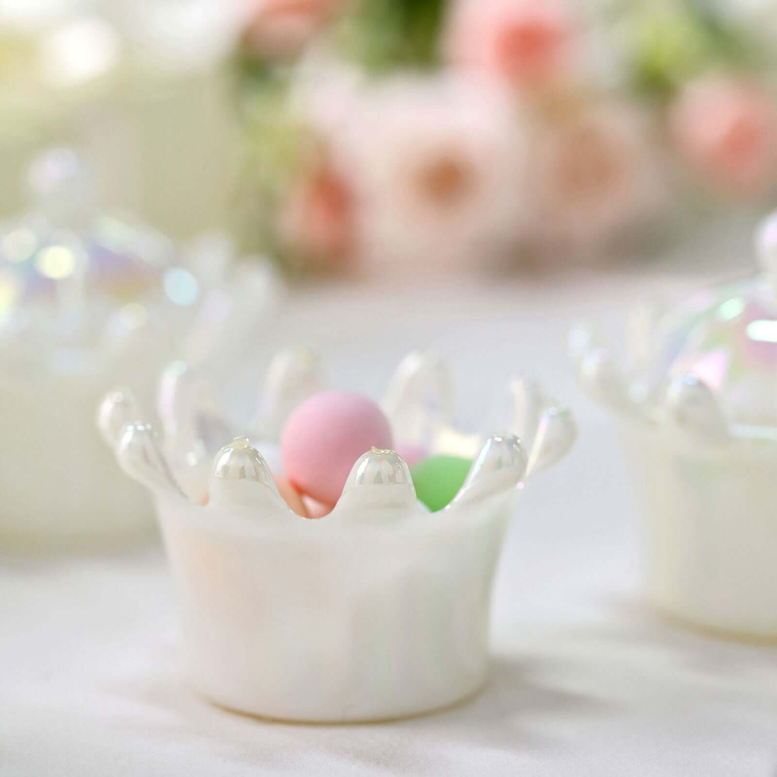 12-Pack White Mini Crown Treat Favor Boxes with Iridescent Dome Lids - Perfect for Parties!