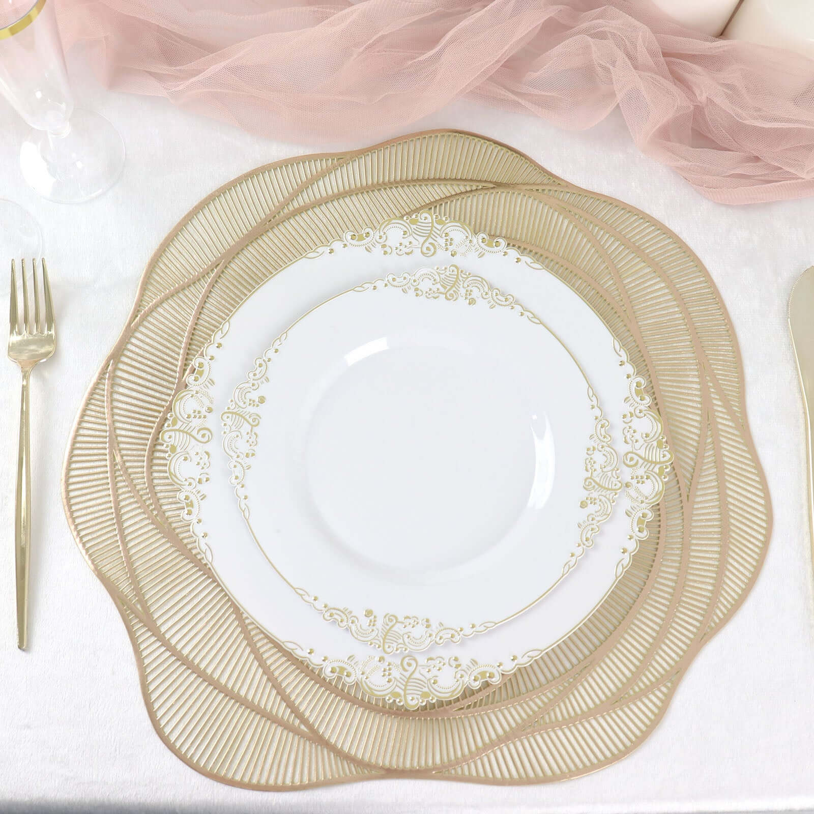 Hot Deal! 6-Pack Metallic Gold Rose Flower Vinyl Round Non-Slip Washable Dining Table Mats, 15"