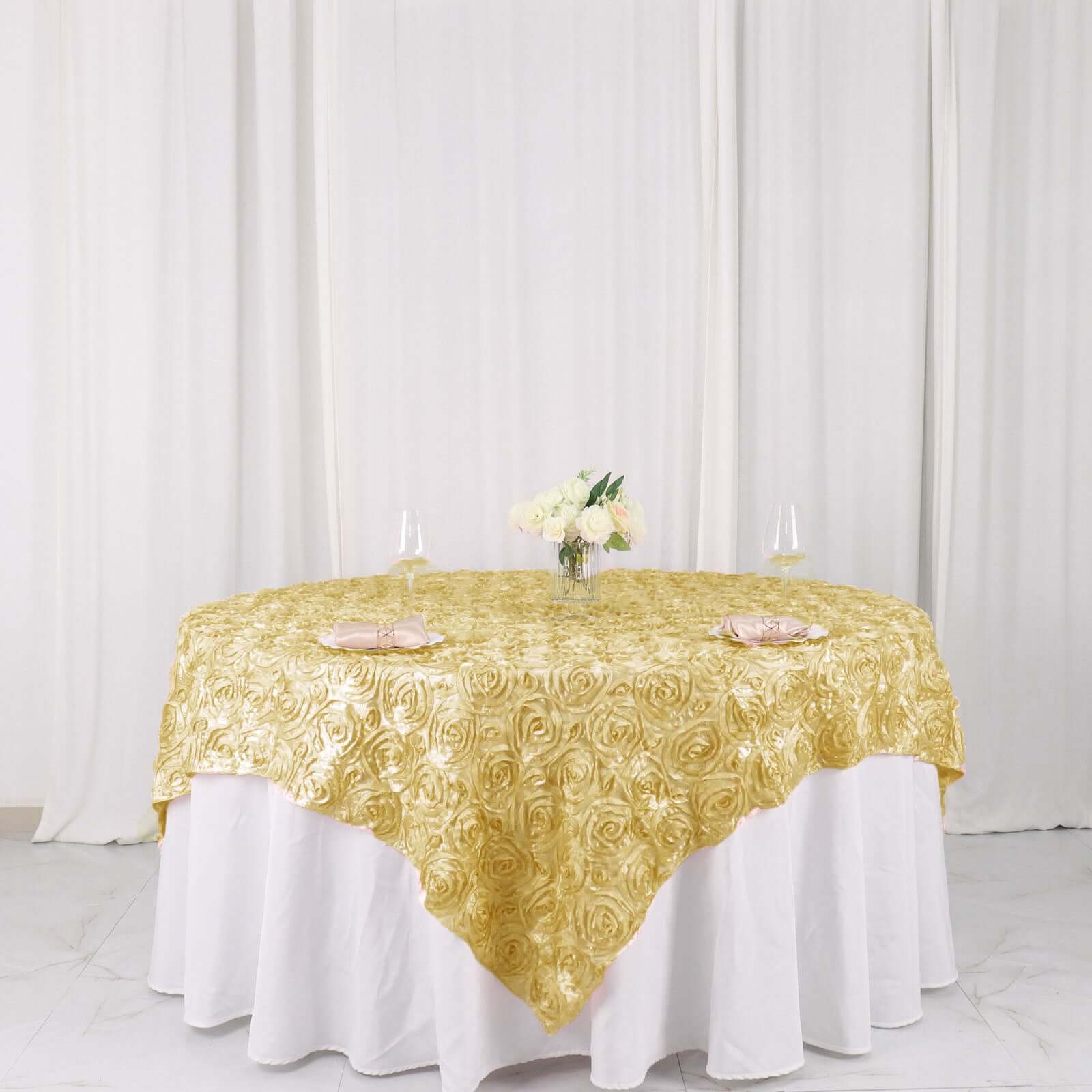 Champagne Satin 72x72 3D Rosette Square Table Overlay - Great for Events