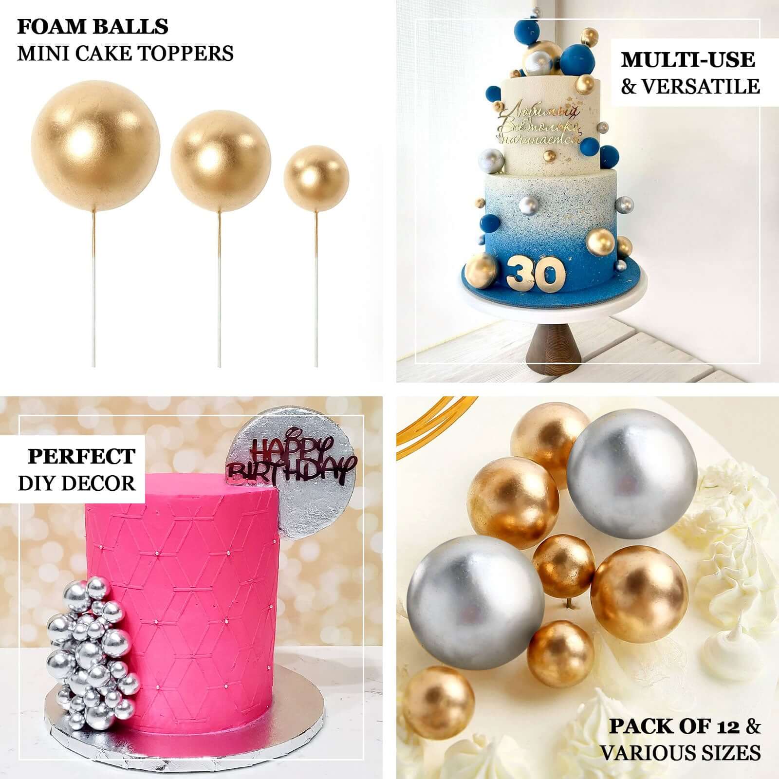 12 Pieces Gold Faux Pearl Ball Cake Toppers in Assorted Sizes for DIY Cupcake Decor