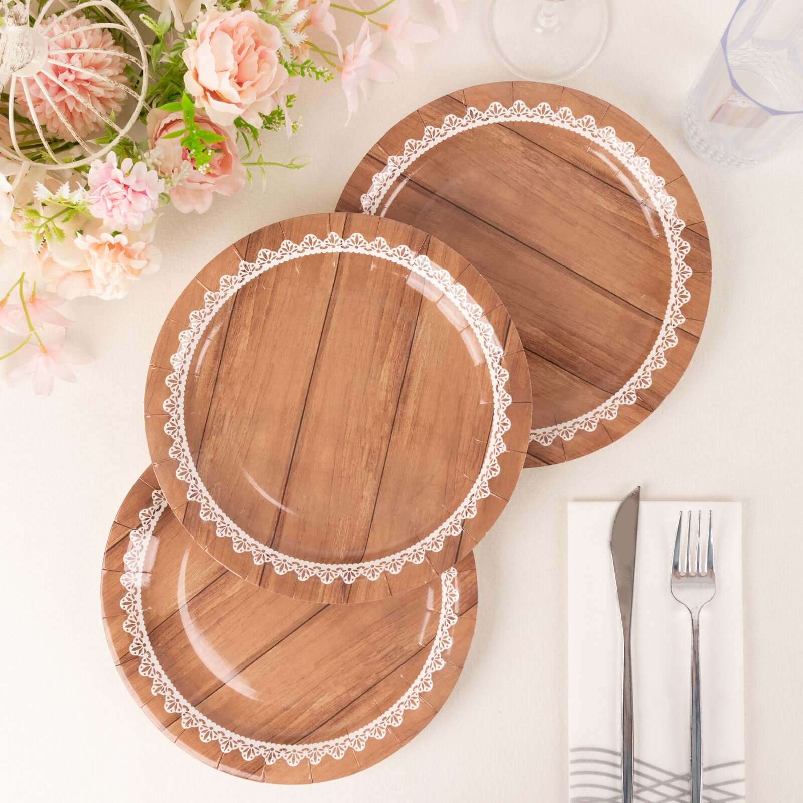 25-Piece Set of 9-Inch Round Disposable Dinner Plates in Brown Wood Grain with White Lace Rim for Rustic Events