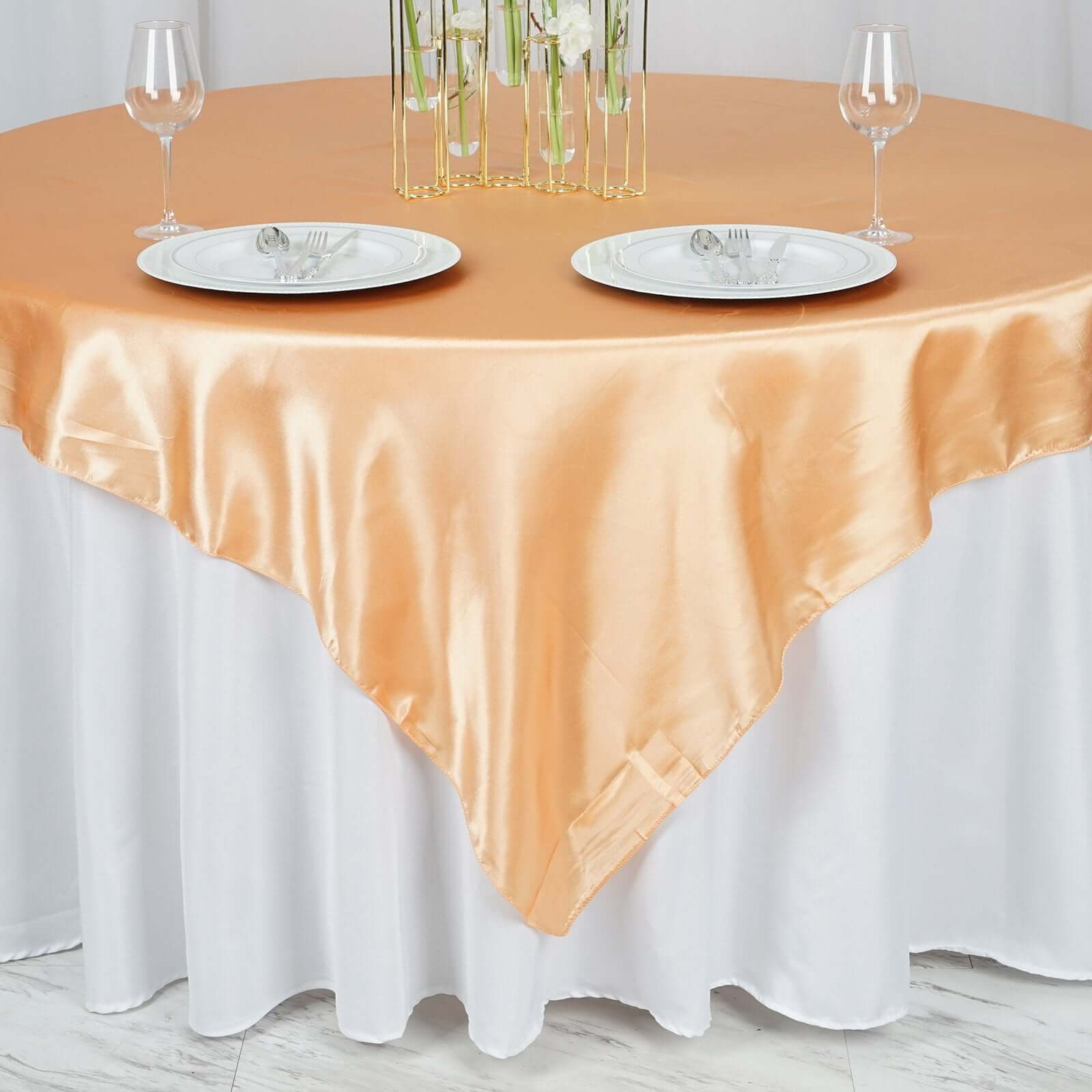 Hot! Peach Satin 72x72 Square Table Overlay with Smooth Finish