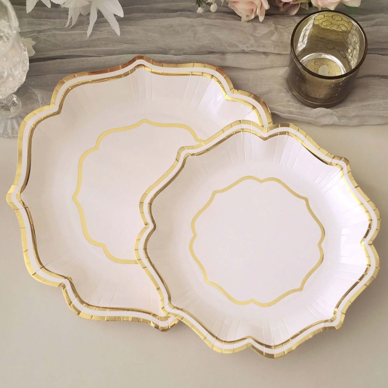 25-Pack Disposable White Paper Dessert Plates with Gold Scallop Rim - Ideal for Classy Events