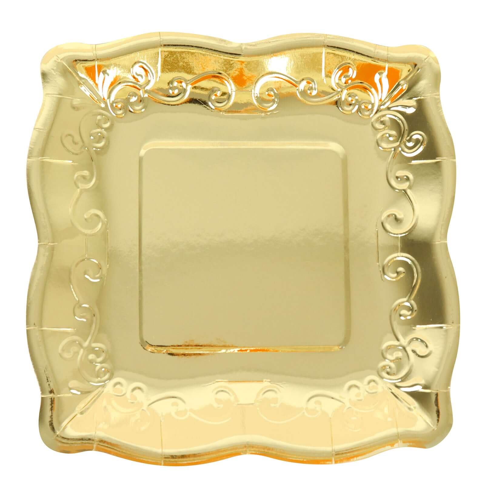 25-Pack Disposable Gold Square Dinner Plates with Vintage Pottery Embossed Design for Glamorous Events