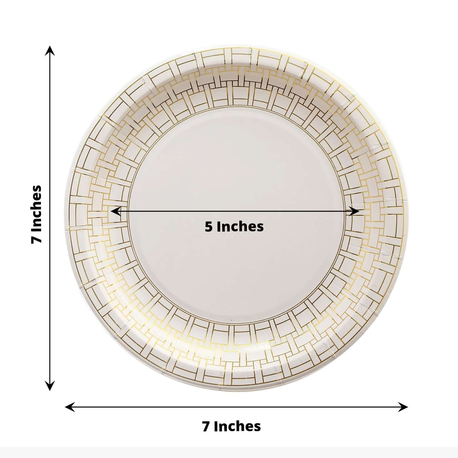 25-Piece Set of White Round Dessert Paper Plates with Elegant Gold Basketweave Rim