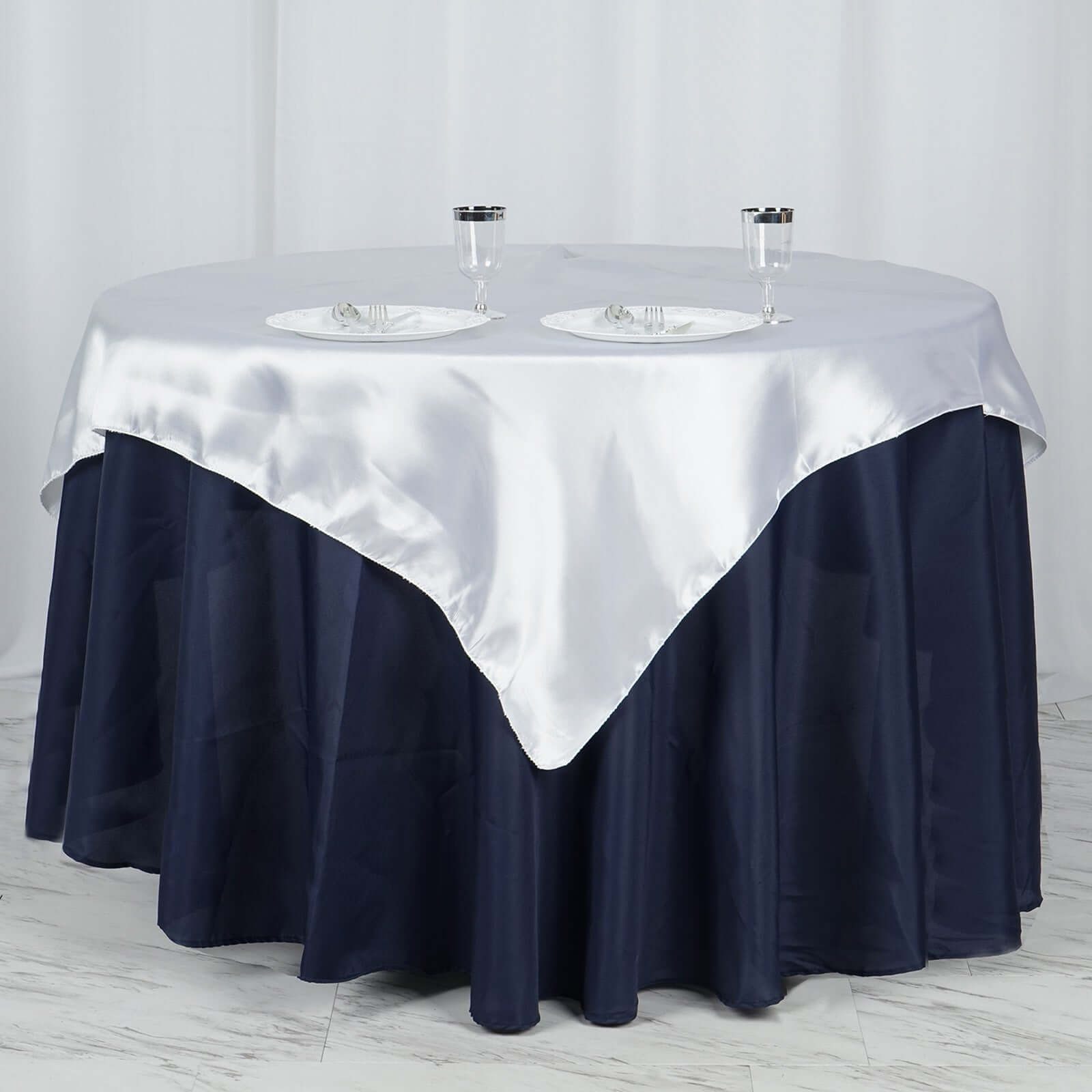 Premium White Satin 60x60 Square Table Overlay - Ideal for Elegant Events