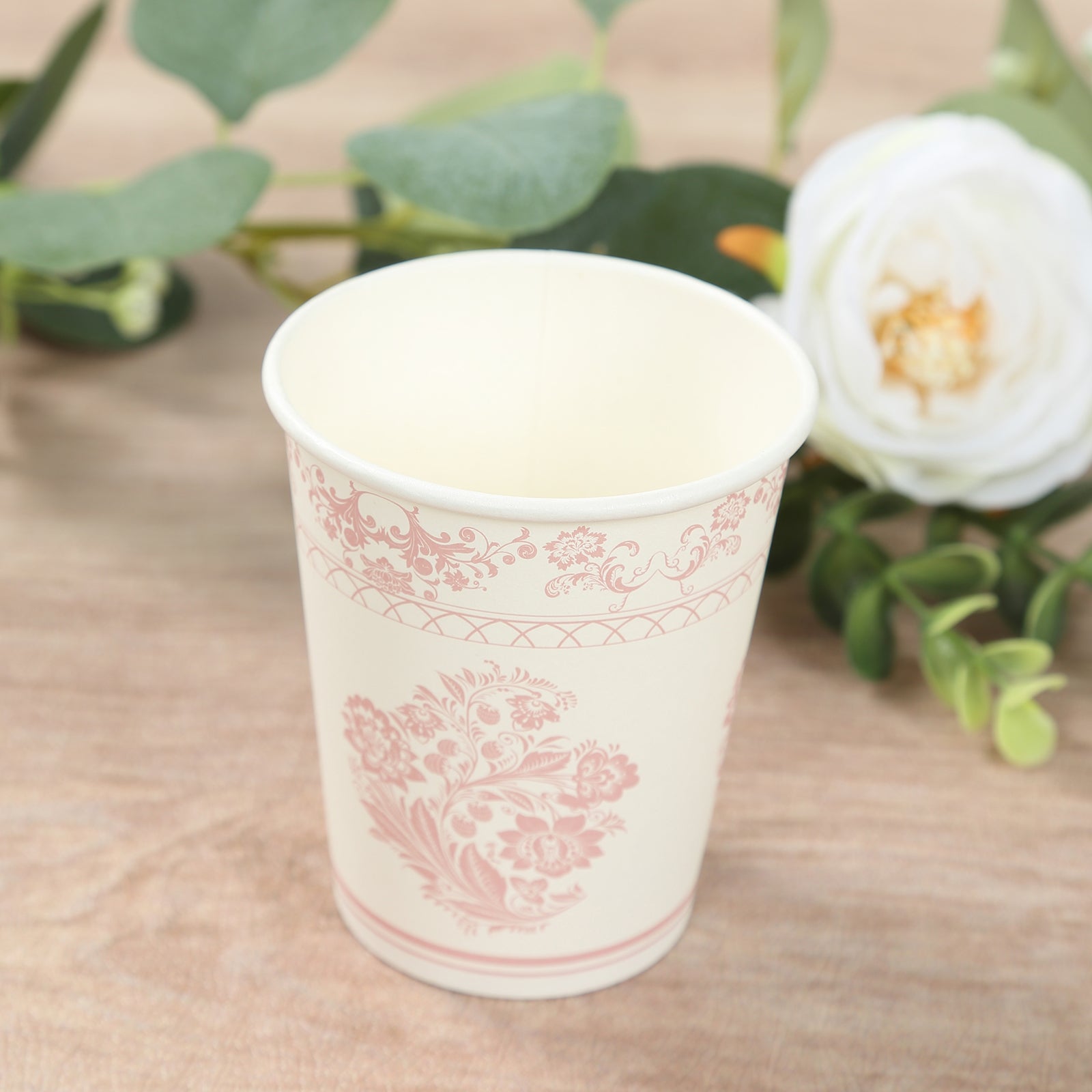 Hot Deal! 24-Pack 9oz Disposable Paper Party Cups in Elegant White Pink French Toile Pattern