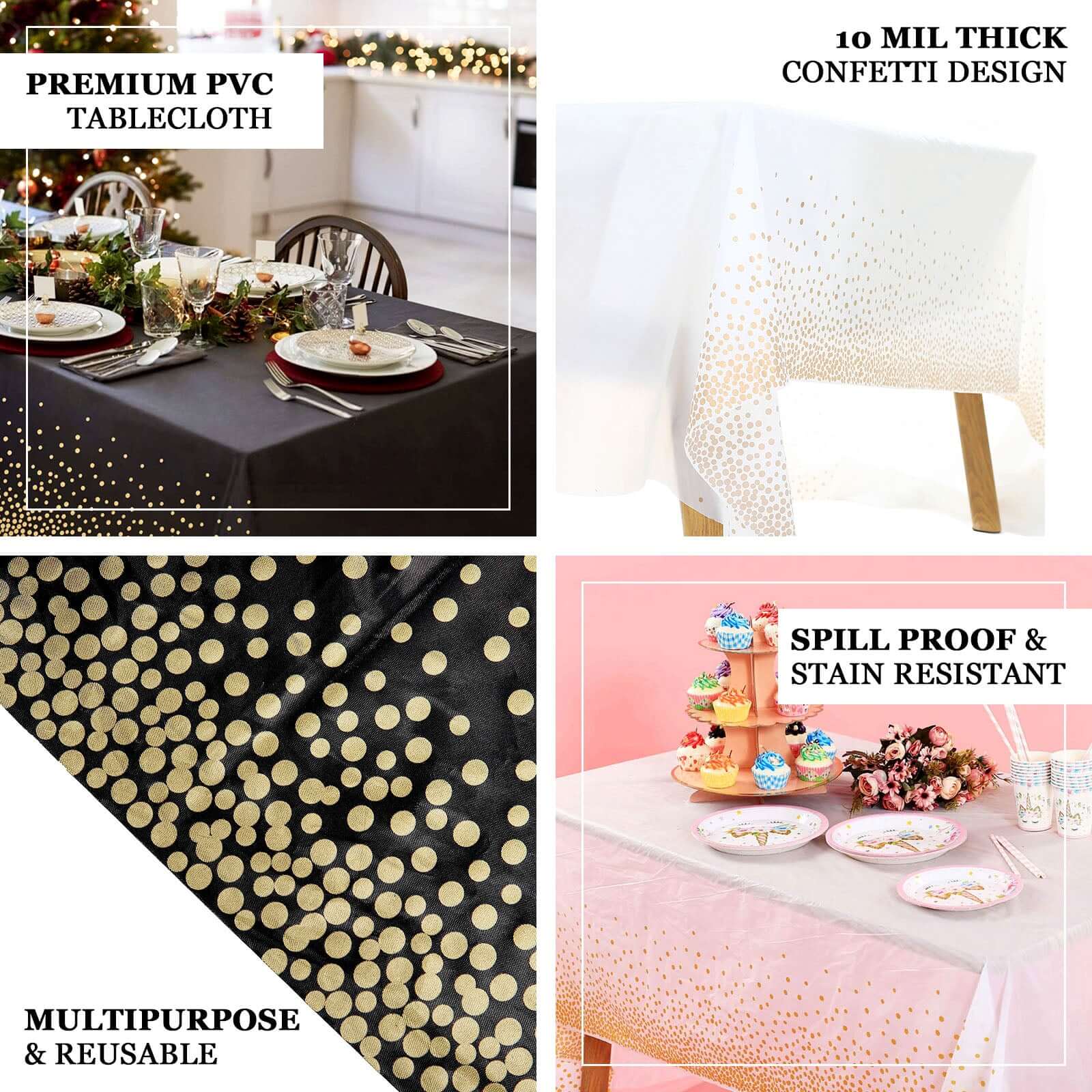 5-Pack Disposable PVC White Rectangle Table Covers with Gold Confetti Dots - Ideal for Events