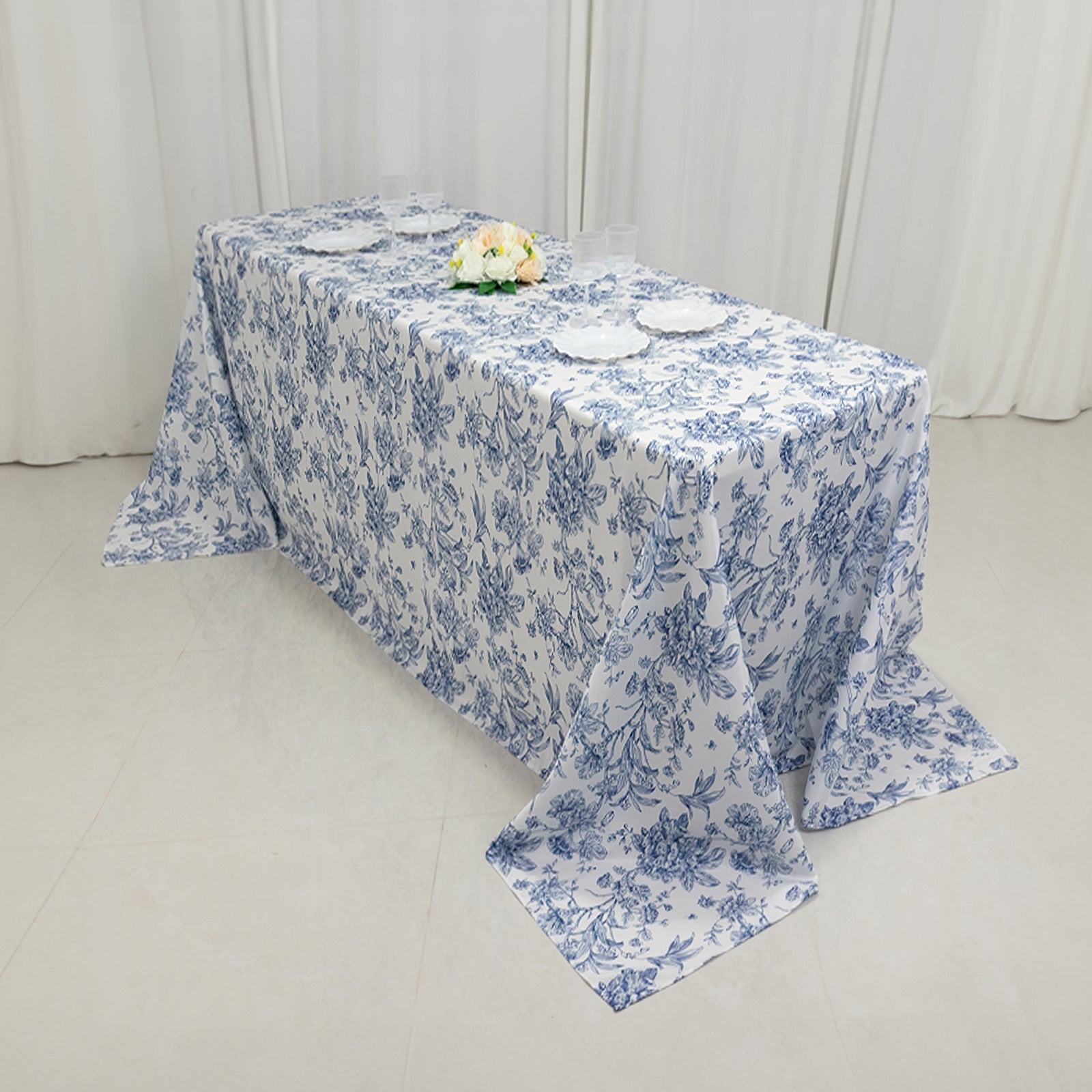 White Polyester Rectangle Tablecloth with Seamless Blue French Toile Pattern for Elegant Events