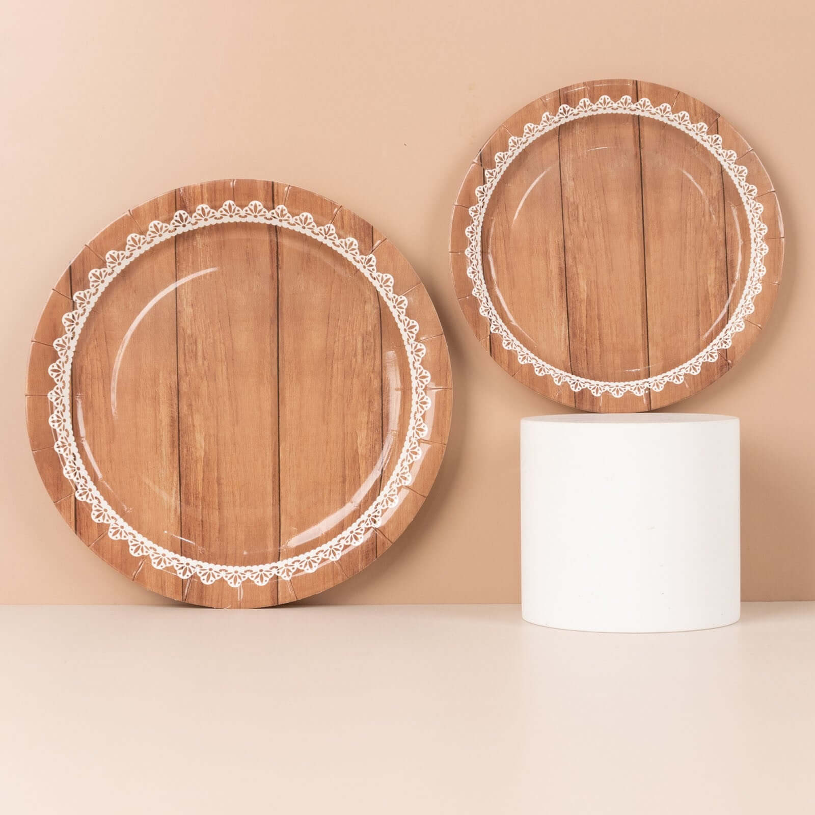 25-Piece Set of 9-Inch Round Disposable Dinner Plates in Brown Wood Grain with White Lace Rim for Rustic Events