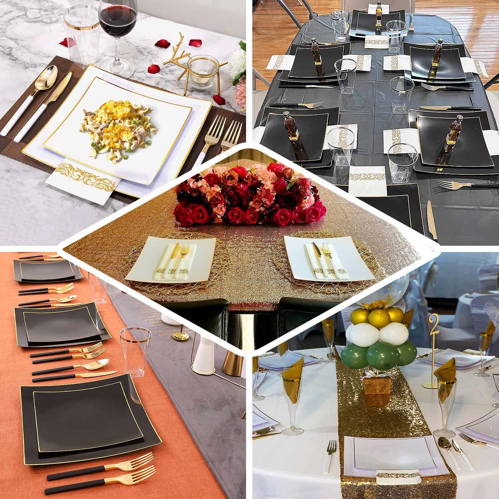 10-Pack Disposable Taupe Plastic Square Dessert Plates with Gold Rim - Ideal for Parties