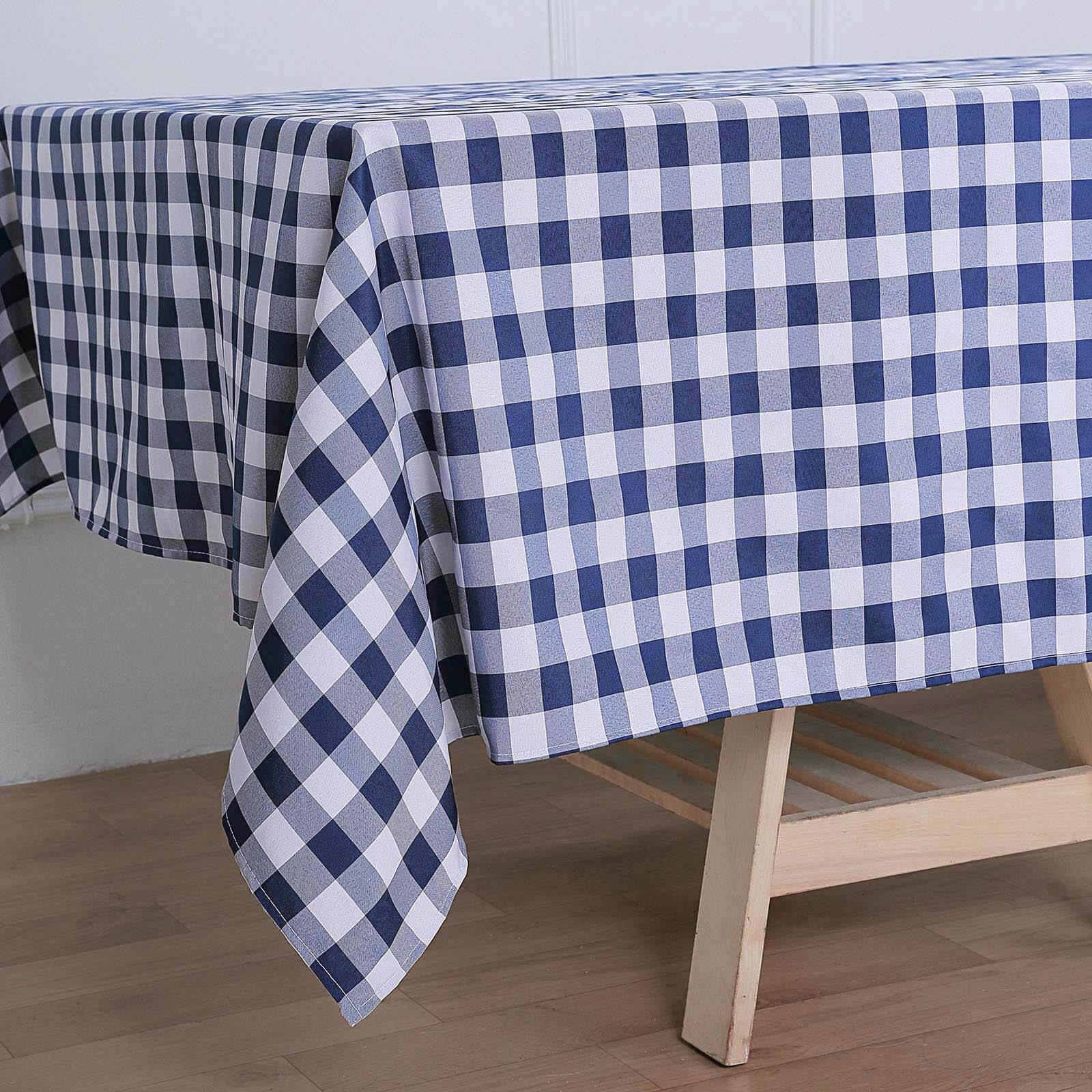 White and Navy Blue Buffalo Plaid Polyester Rectangle Tablecloth, 60x126