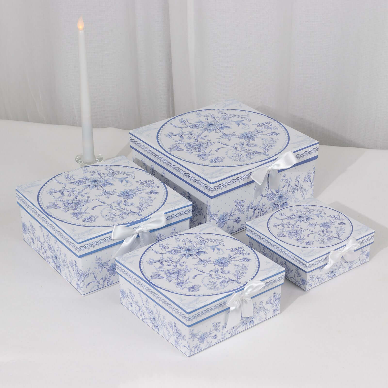 Hot! Set of 4 White & Blue French Toile Cardstock Nesting Gift Boxes - Stackable & Reusable