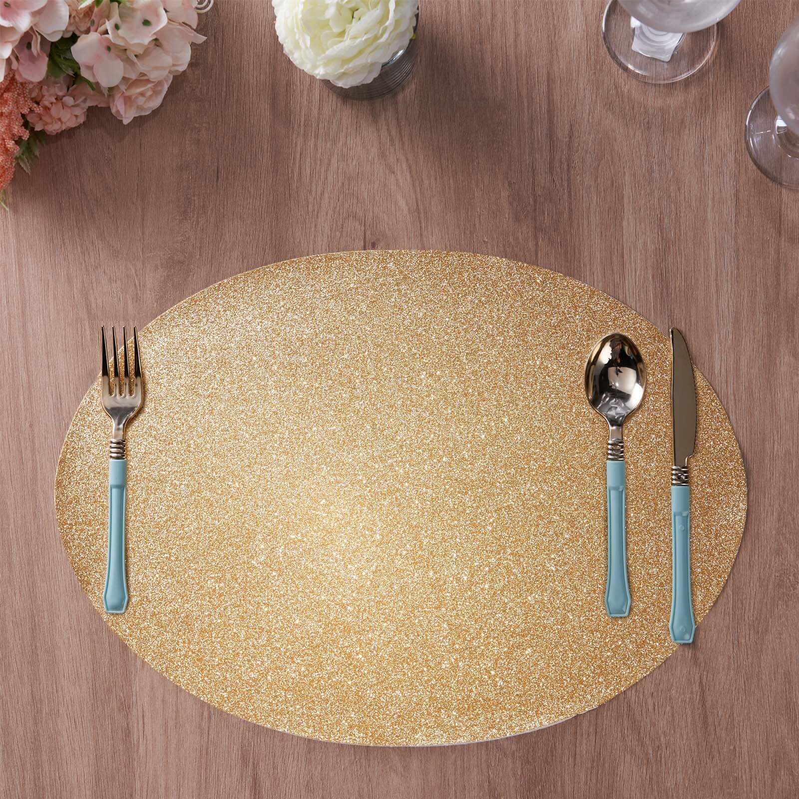 Hot Sale! 6-Piece Set of Champagne-Colored Glittery Oval Non-Slip Vinyl Placemats for Table Decor
