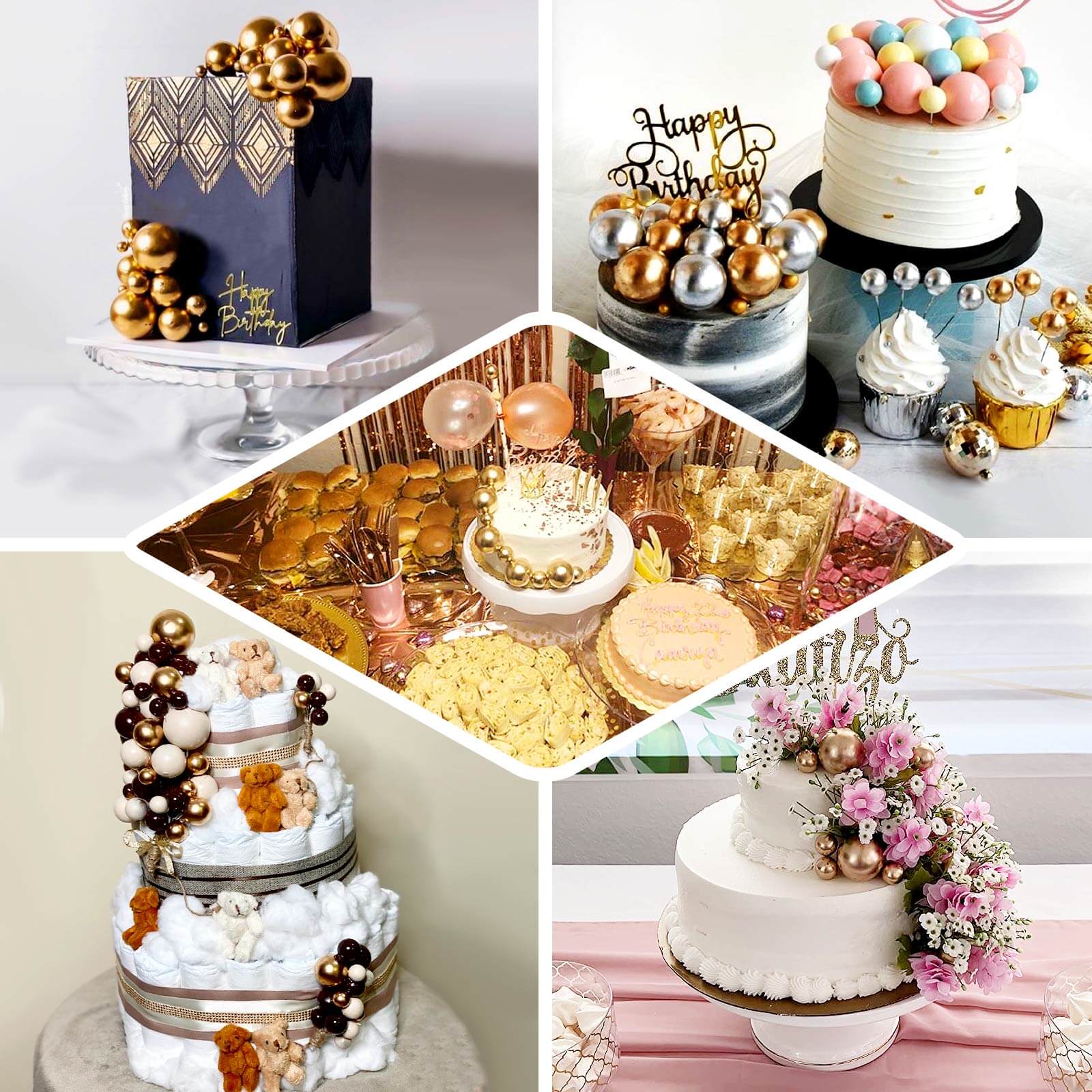 12 Pieces Gold Faux Pearl Ball Cake Toppers in Assorted Sizes for DIY Cupcake Decor