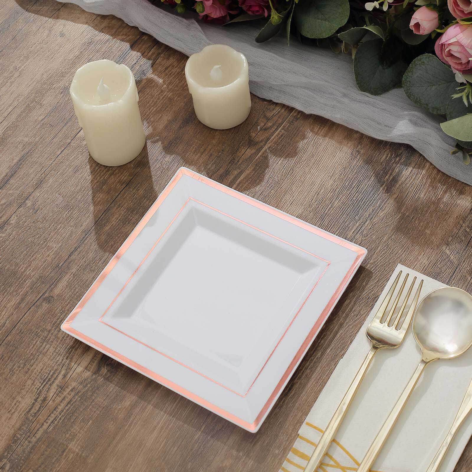 10-Piece Set of Durable Disposable White Square Salad & Dessert Plates with Rose Gold Trim, 7 Inches