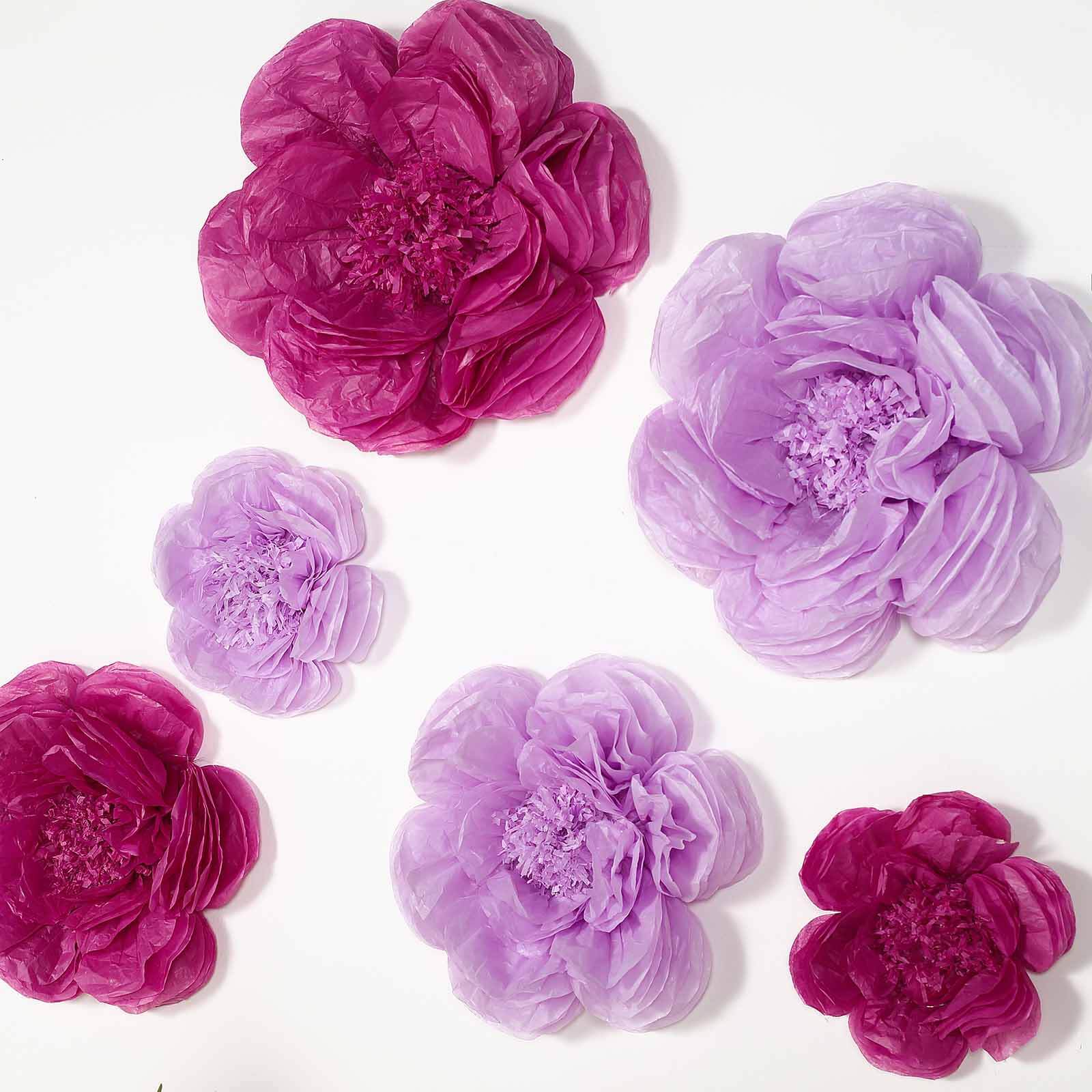 6-Piece Set of Stunning 3D Paper Peony Wall Decor in Lavender and Eggplant, Sizes 12', 16', 20'