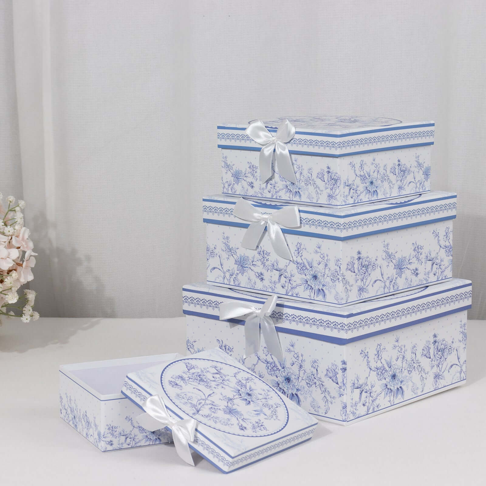 Hot! Set of 4 White & Blue French Toile Cardstock Nesting Gift Boxes - Stackable & Reusable