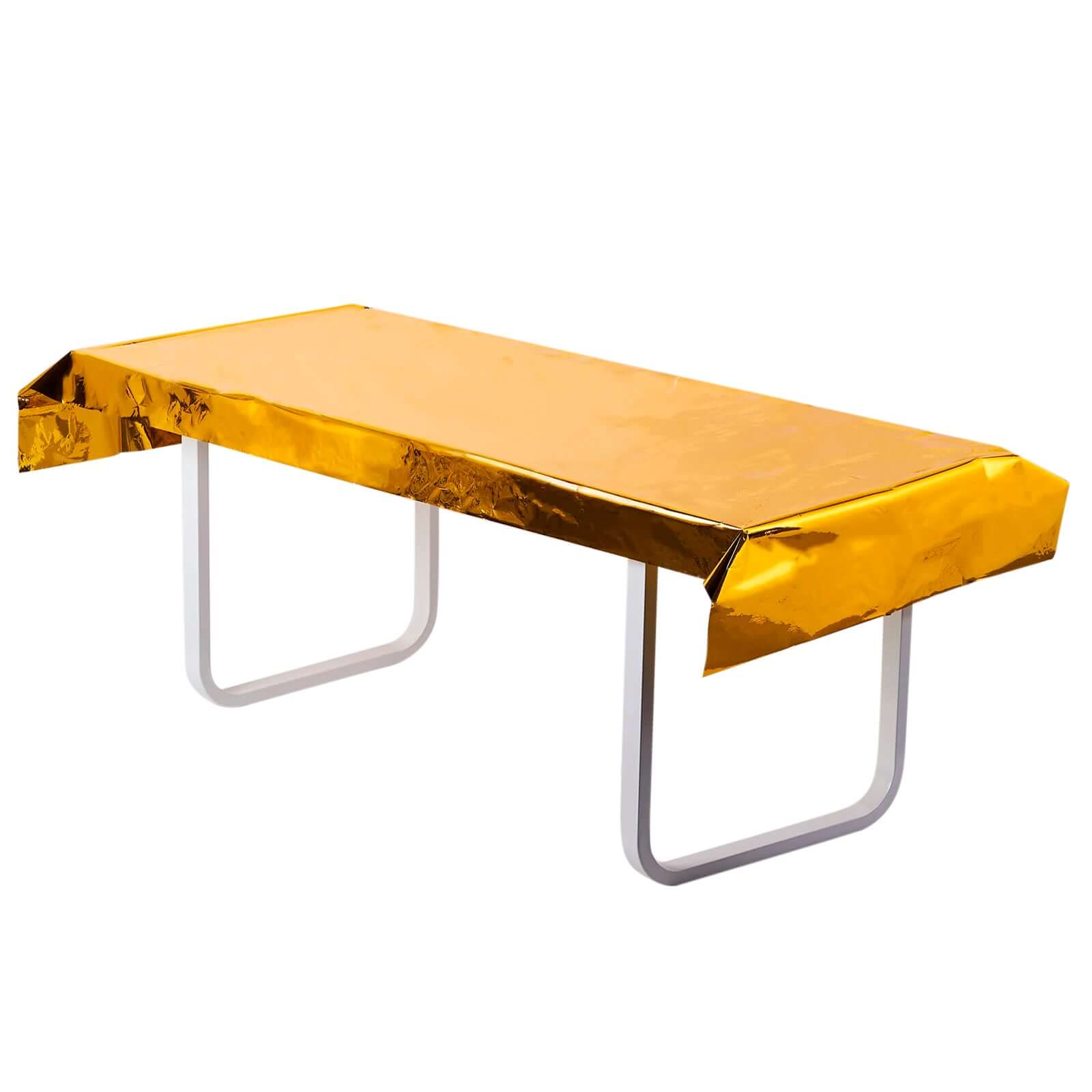 Disposable 40x90 Gold Metallic Foil Rectangle Plastic Tablecloth for Parties - Great Value!
