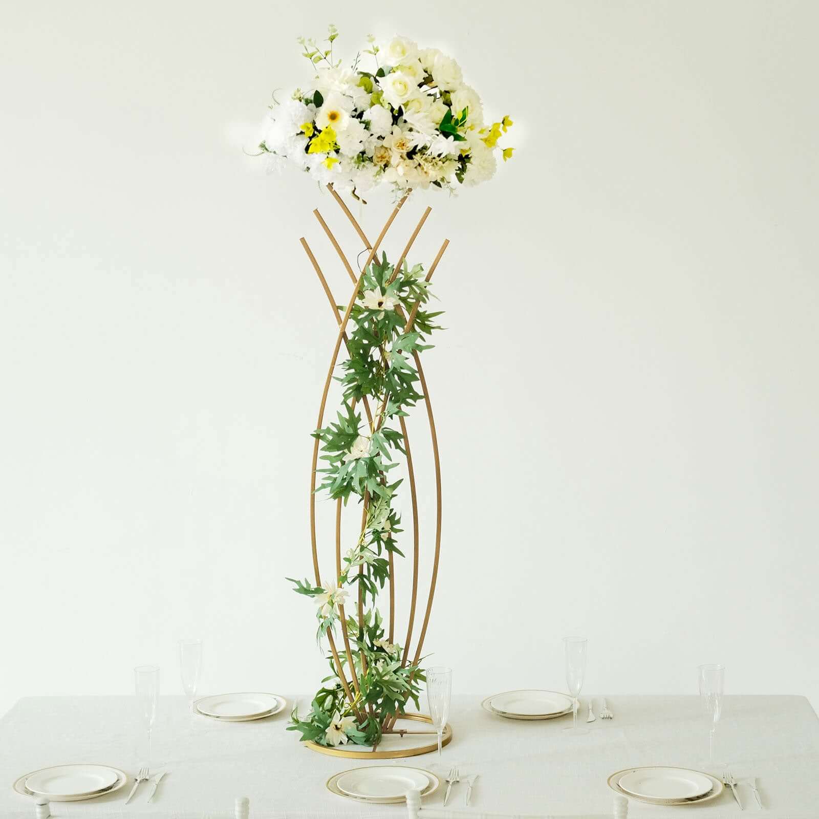 4ft Tall Gold Metal Wired Floral Display Stand in Mermaid Tail Style for Weddings