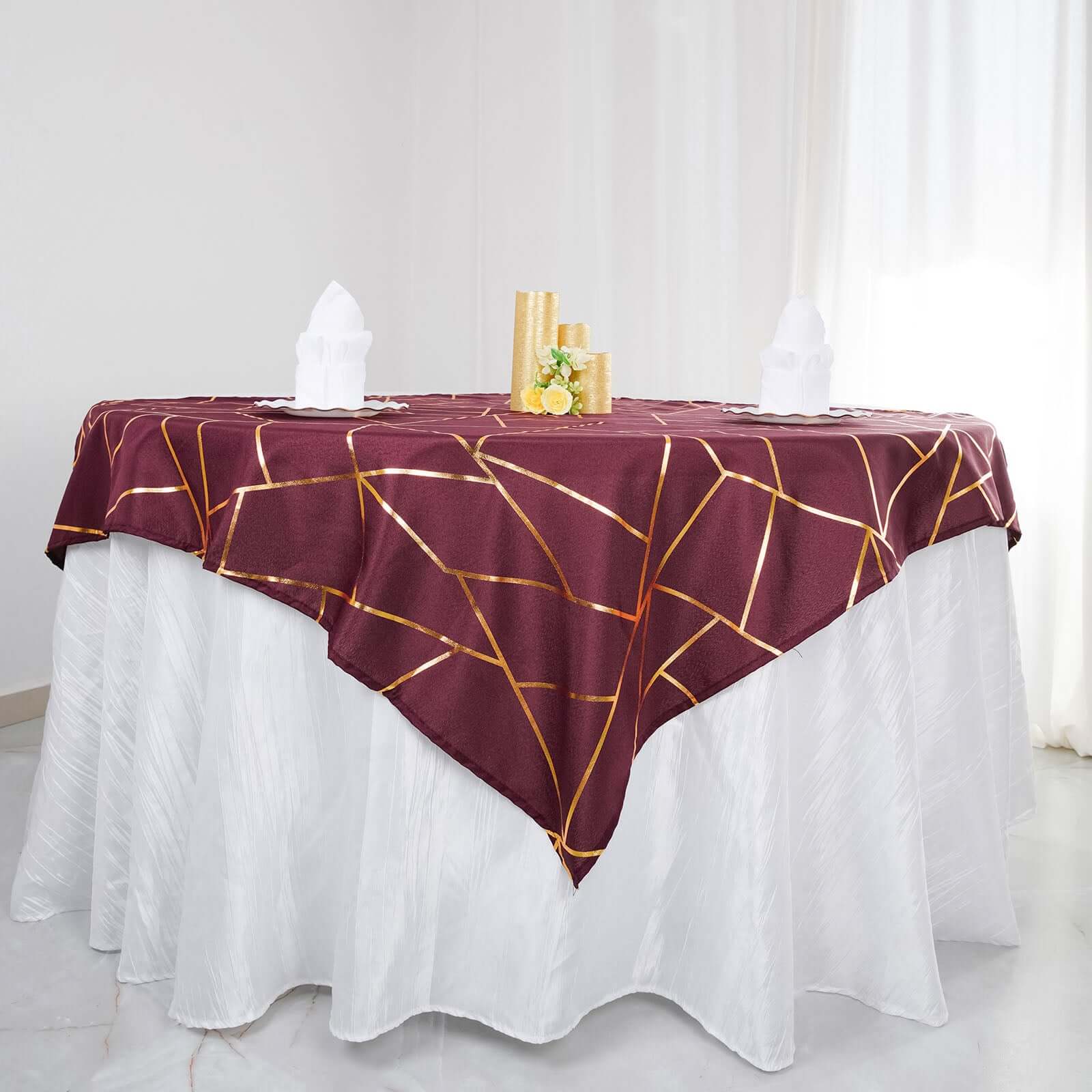 Hot! Wrinkle-Resistant & Durable Burgundy Polyester Table Overlay with Gold Foil Geometric Pattern, 54x54